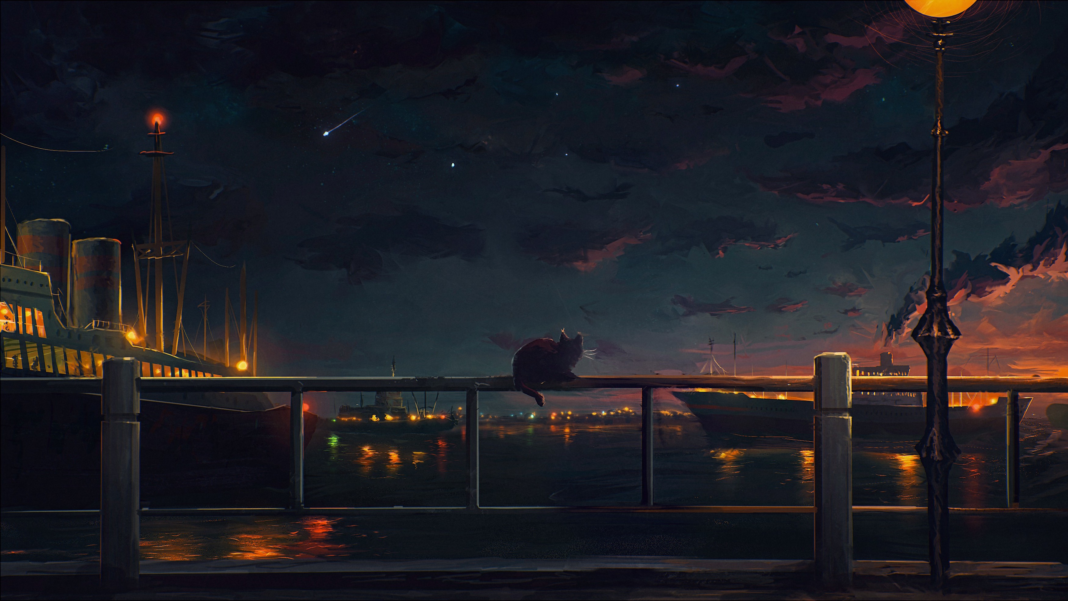 Cat on railing overlooking city and ships at sunset HD Wallpaper