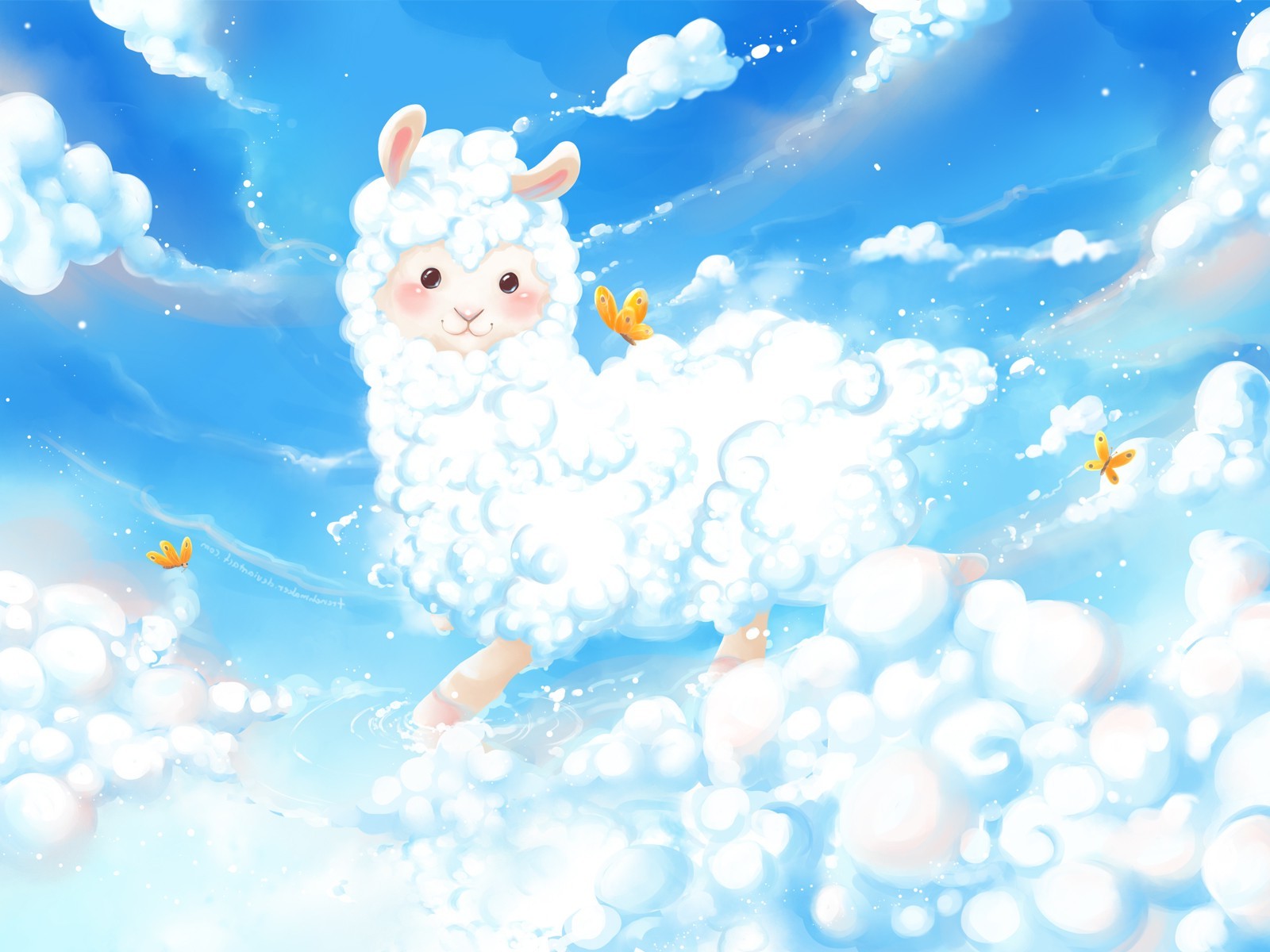 Fluffy alpaca in the sky with butterflies HD Wallpaper