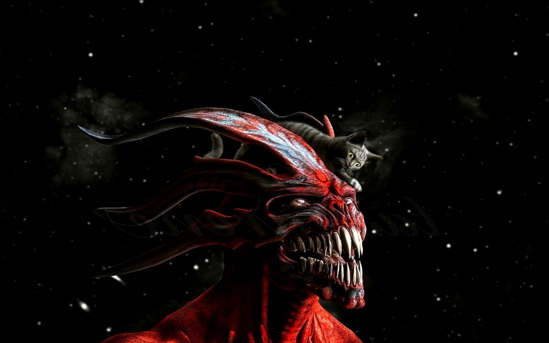 Red demon with a cat on its head in space HD Wallpaper