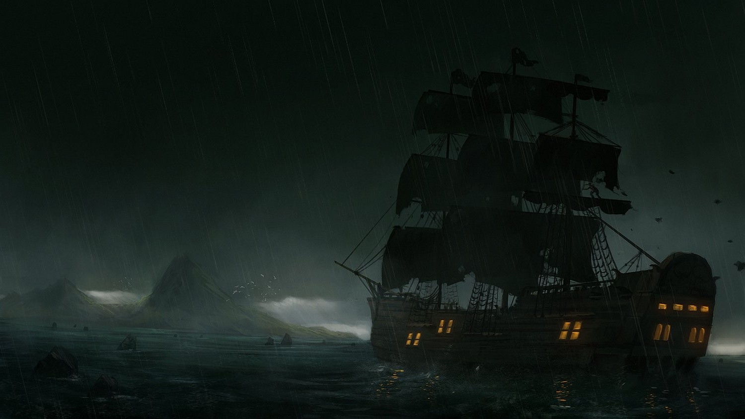 Pirate ship sailing in a stormy sea near islands HD Wallpaper