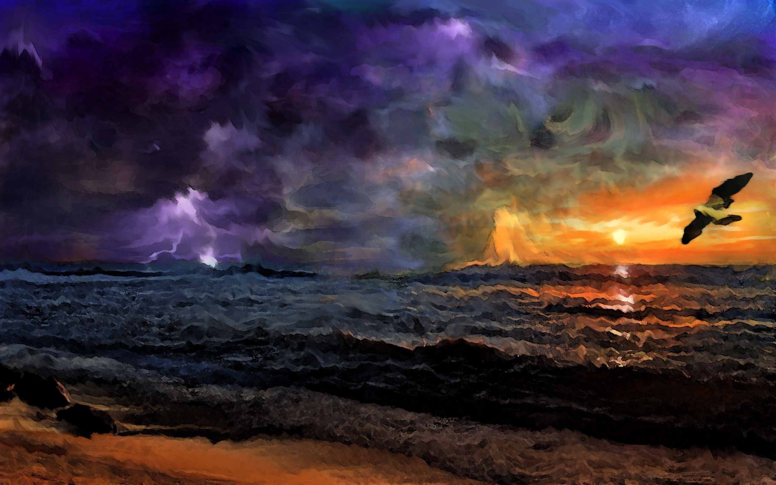 Painting of a sunset storm over the ocean with a bird HD Wallpaper