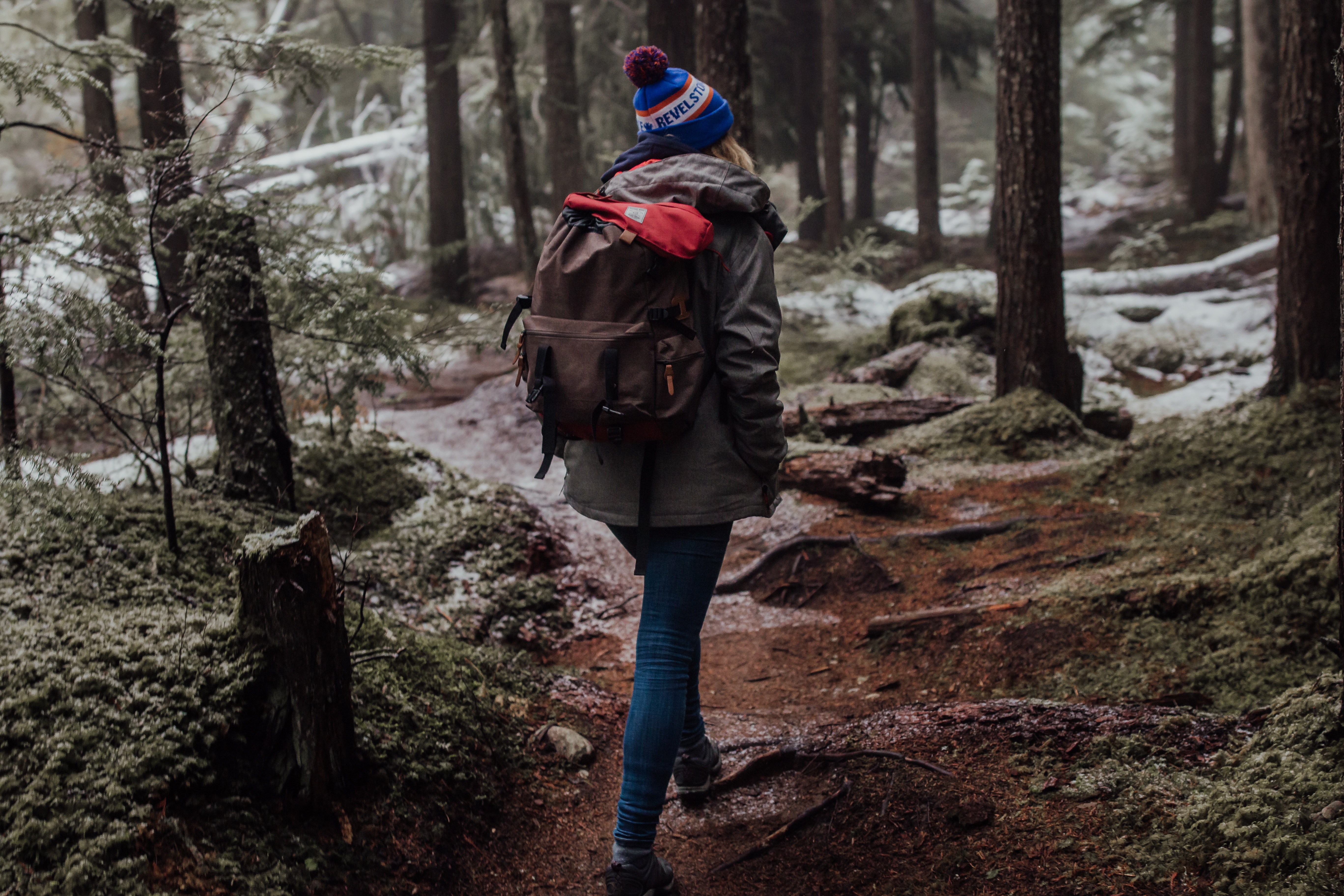 Woman with backpack hiking on a forest trail in winter HD Wallpaper