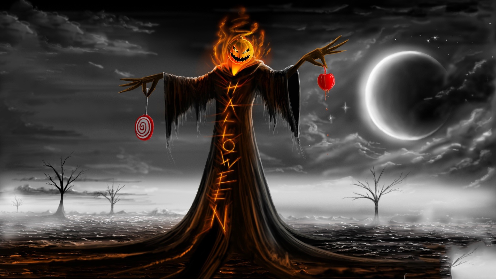 Halloween Pumpkin Scarecrow with Candies HD Wallpaper