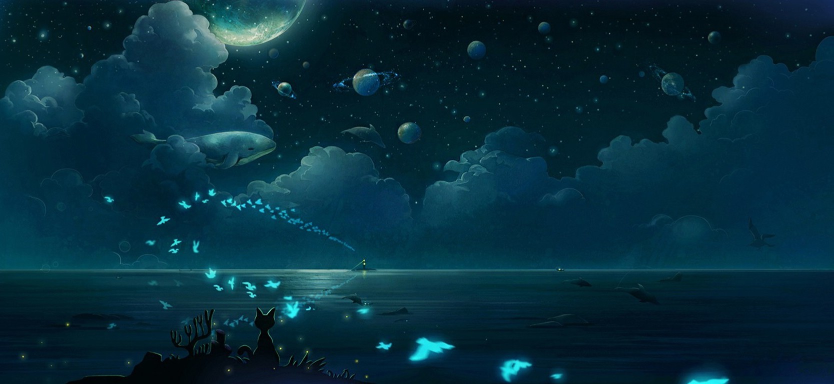 Whale and birds in a starry night sky with planets HD Wallpaper