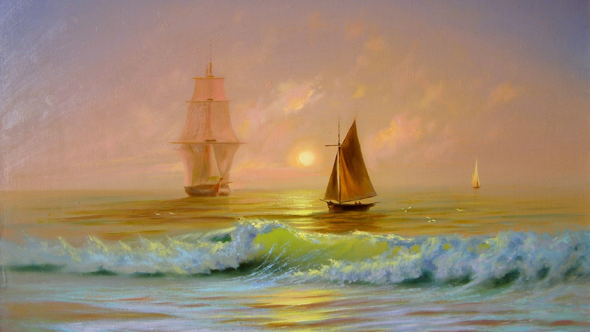 Painting of ships on the sea at sunset HD Wallpaper