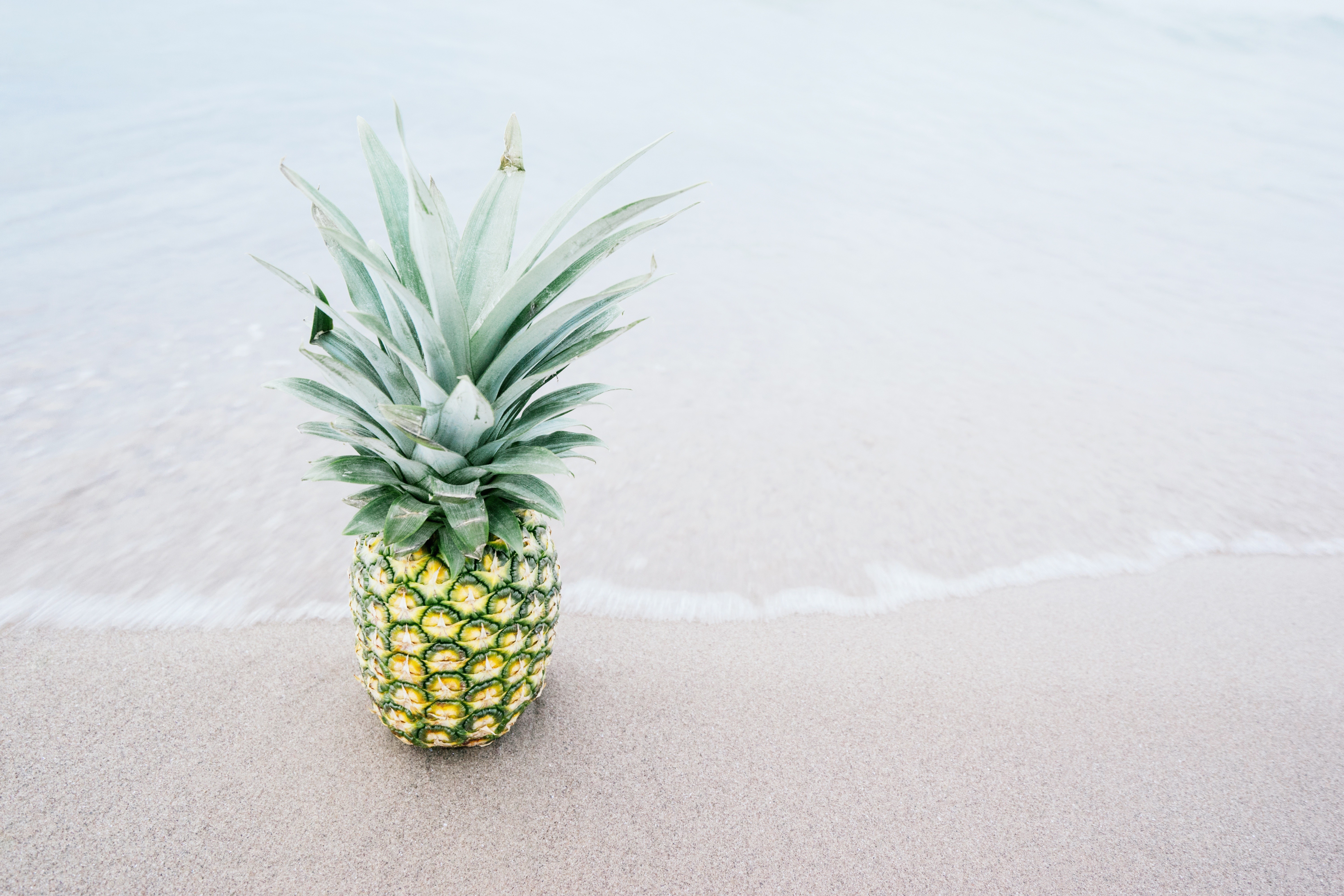 Pineapple on a sandy beach with waves HD Wallpaper