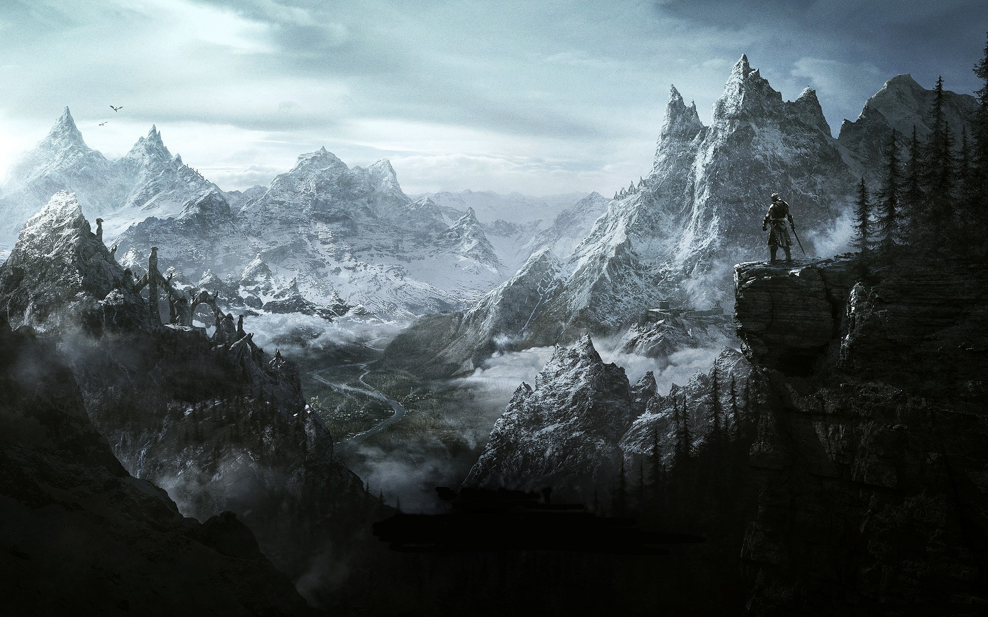 The Elder Scrolls V: Skyrim landscape with a warrior HD Wallpaper