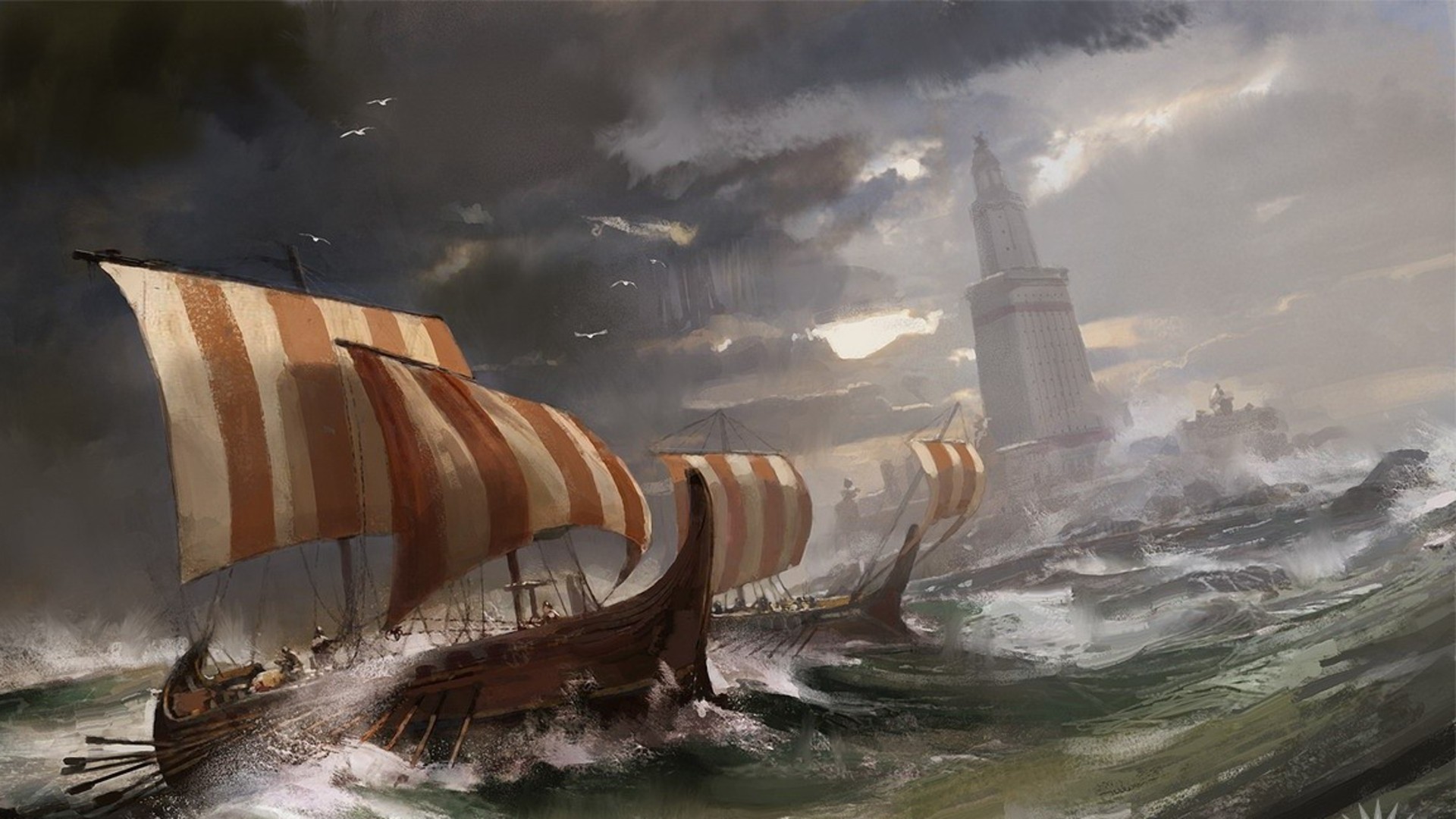 Viking ships sailing in rough seas near a lighthouse HD Wallpaper