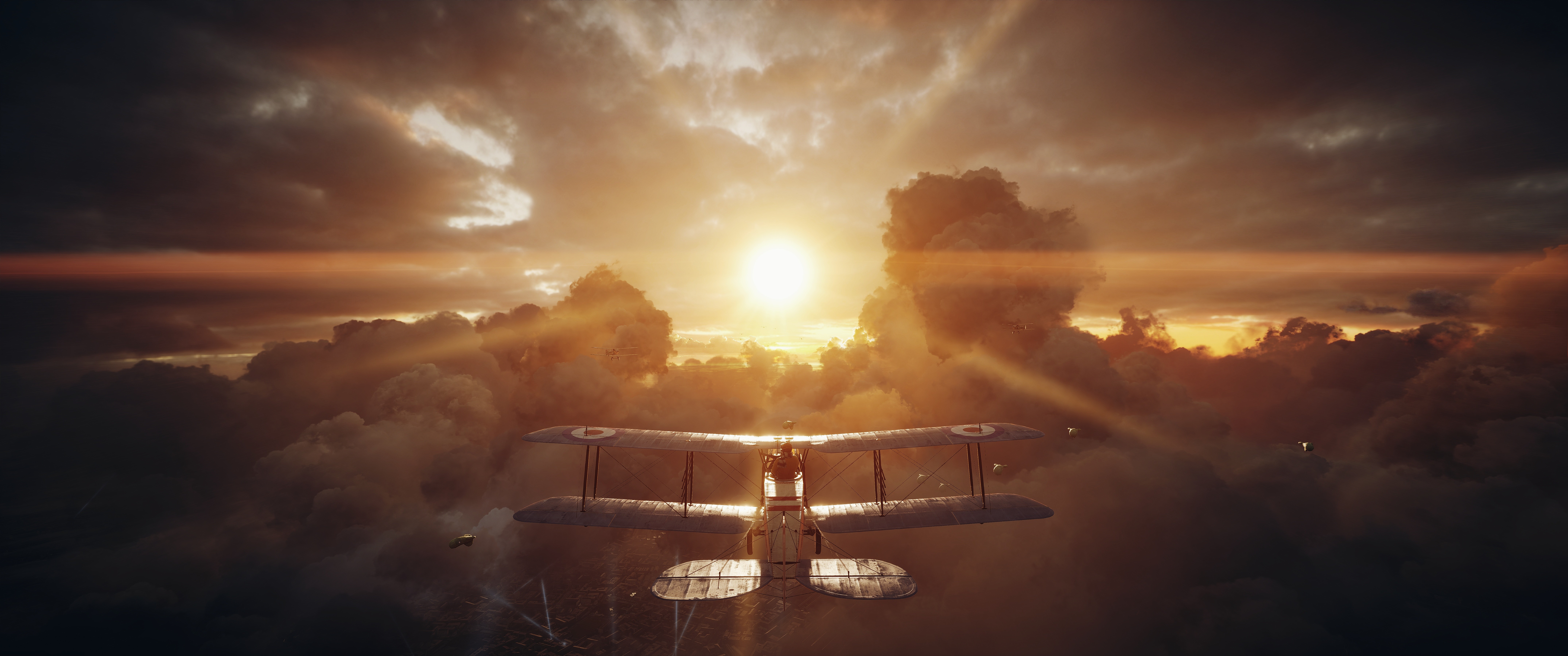 Biplane flying through clouds at sunset in Battlefield 1 HD Wallpaper
