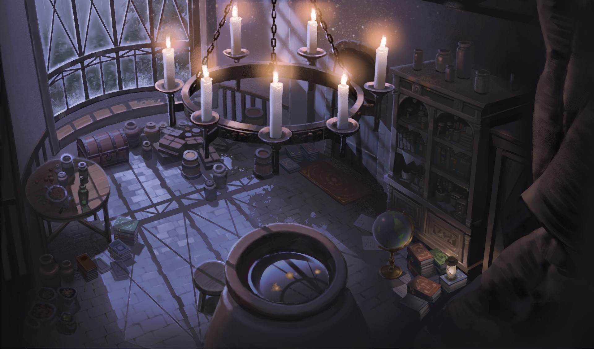 Spooky library with candles and globes HD Wallpaper