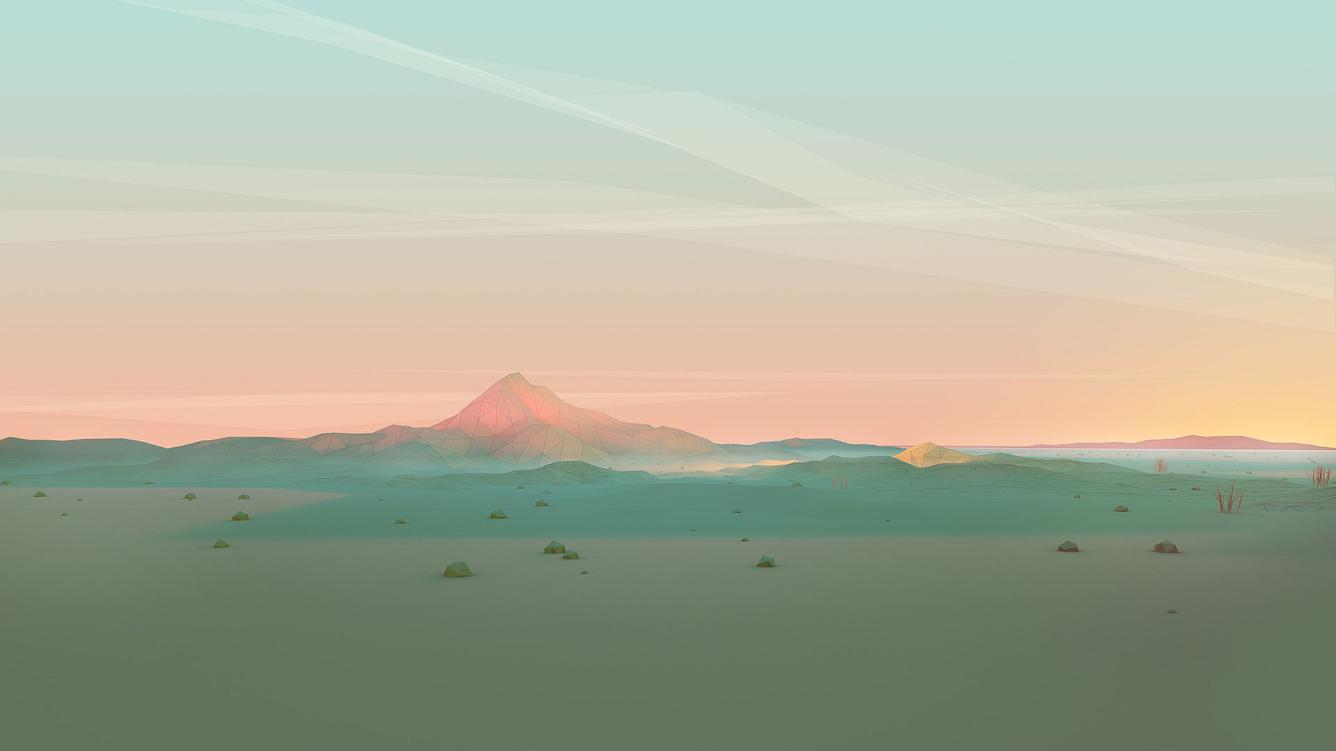 Low poly desert landscape at sunset with mountains HD Wallpaper