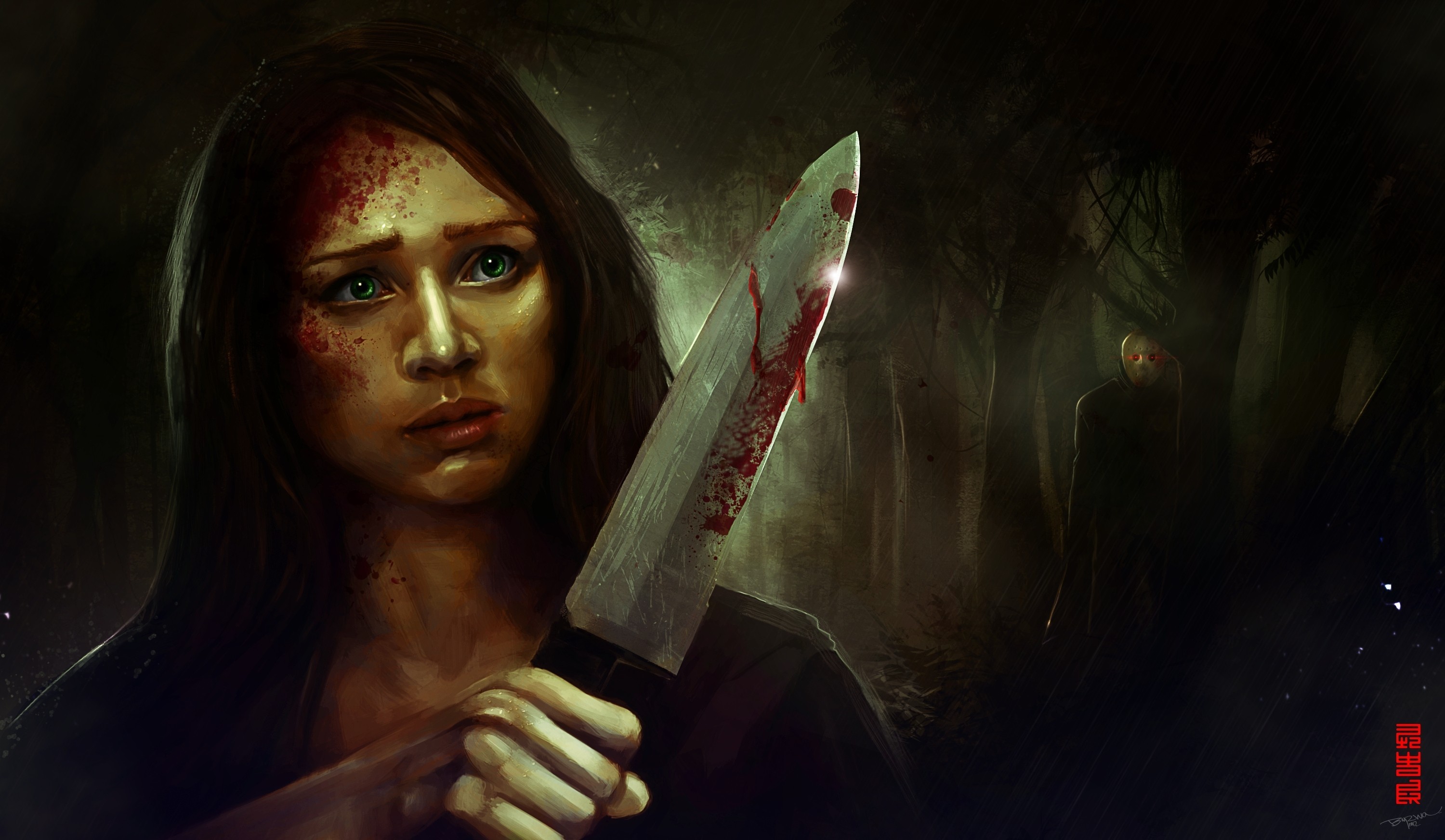 Woman with bloody knife and Jason Voorhees in forest HD Wallpaper