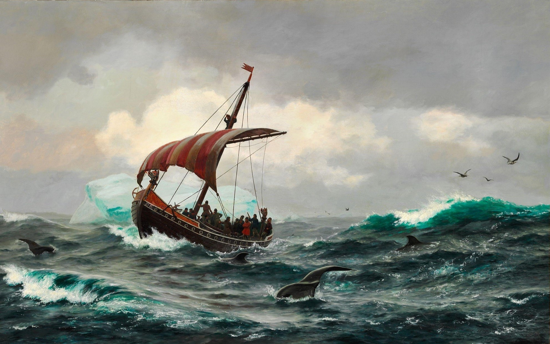 Viking ship sailing near an iceberg and whales HD Wallpaper