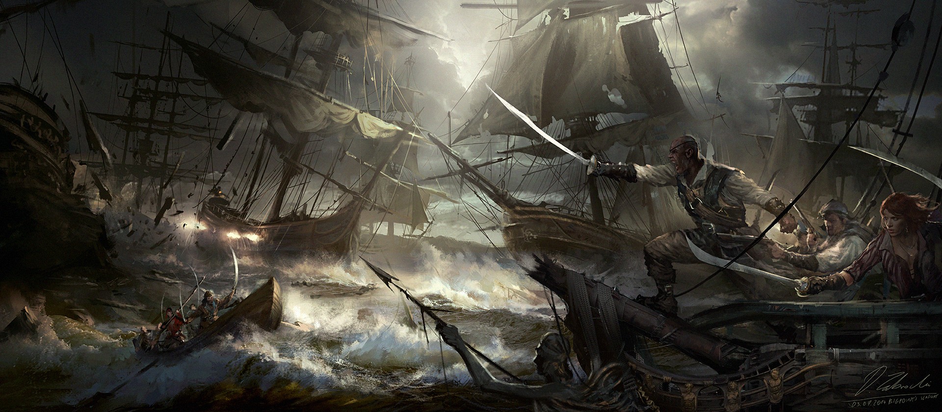 Pirate ships in a naval battle HD Wallpaper