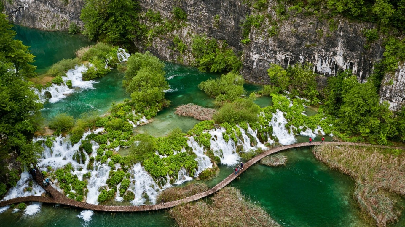 Plitvice National Park waterfalls and boardwalk in Croatia HD Wallpaper
