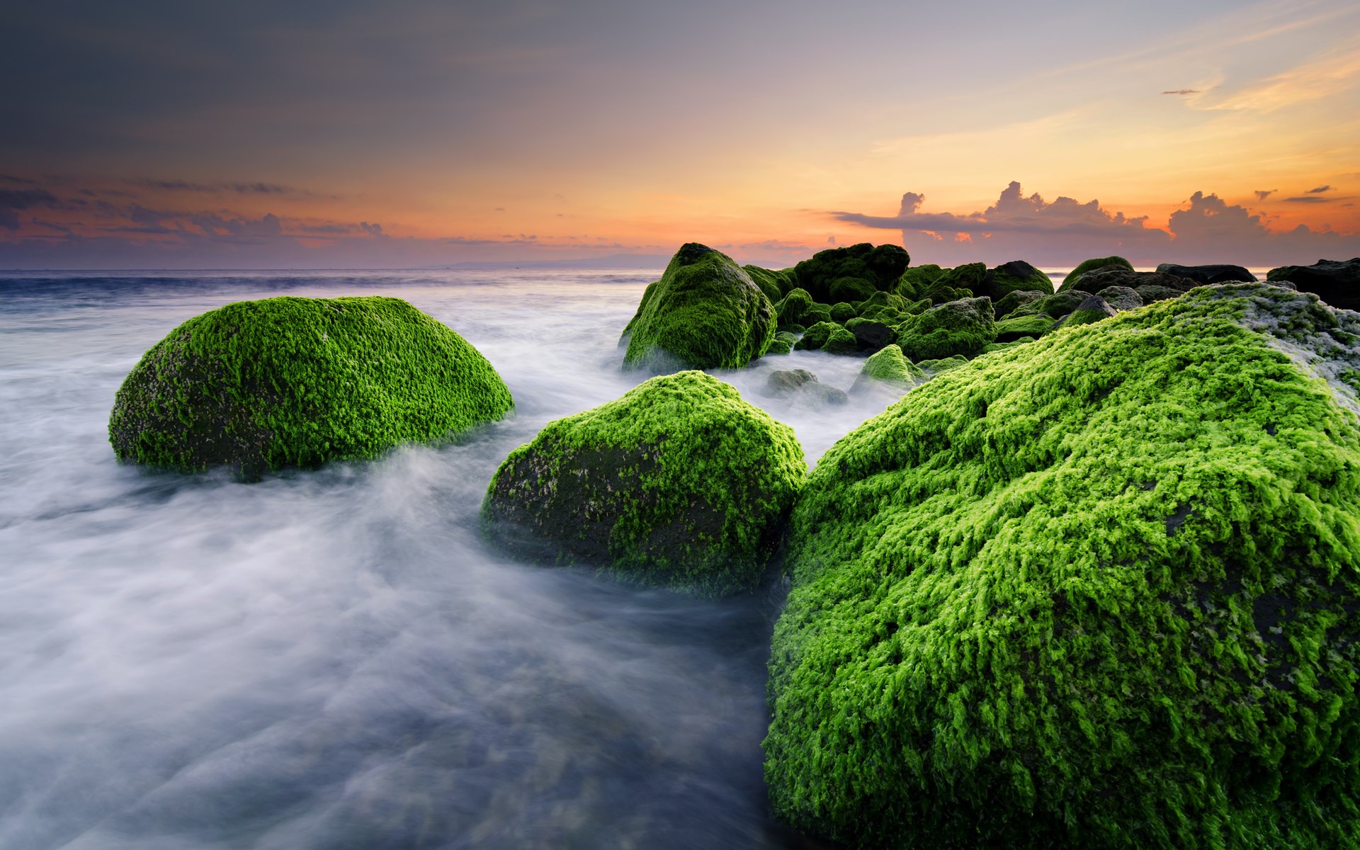 Mossy rocks in the ocean at sunset HD Wallpaper
