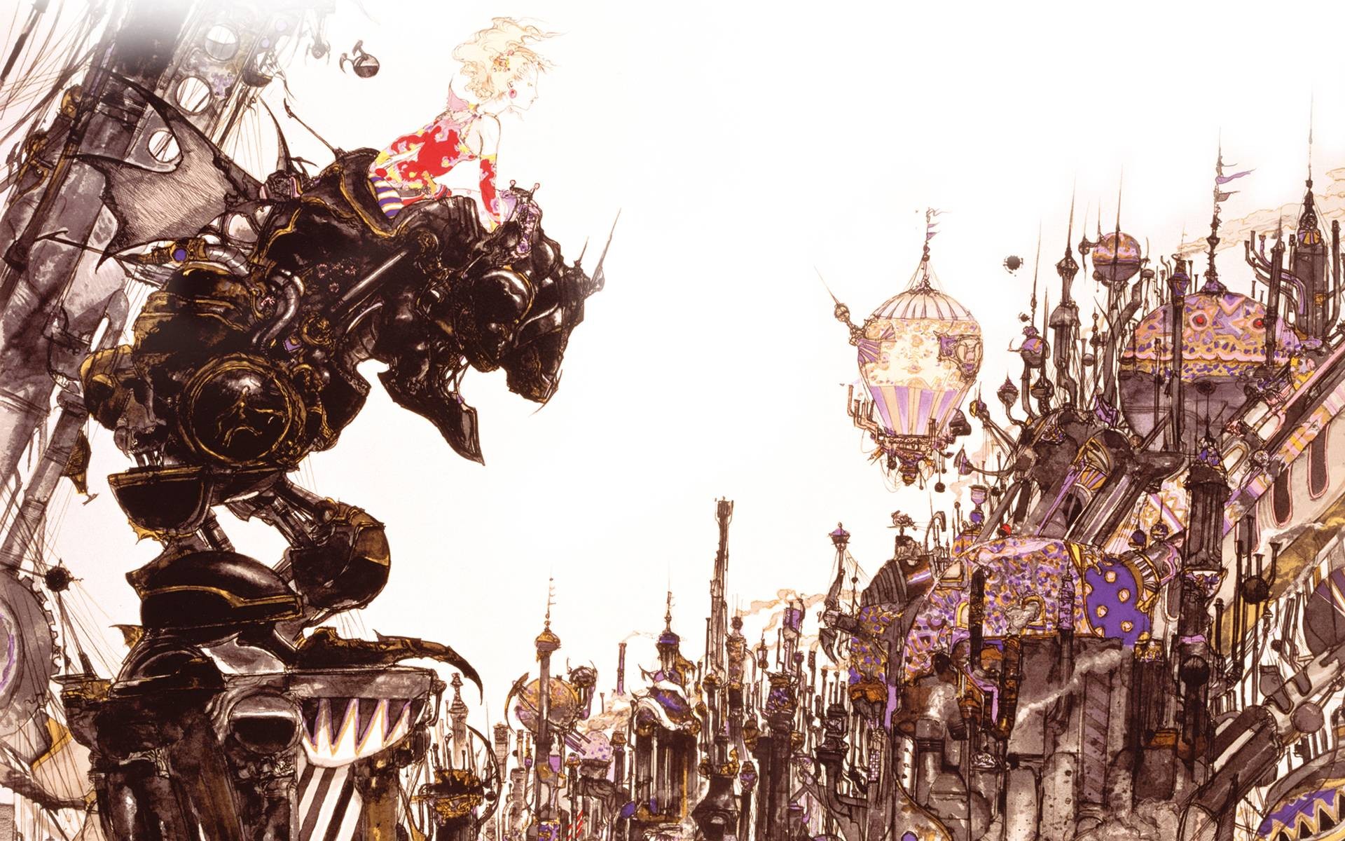 Girl riding a mechanical beast over a fantastical city HD Wallpaper