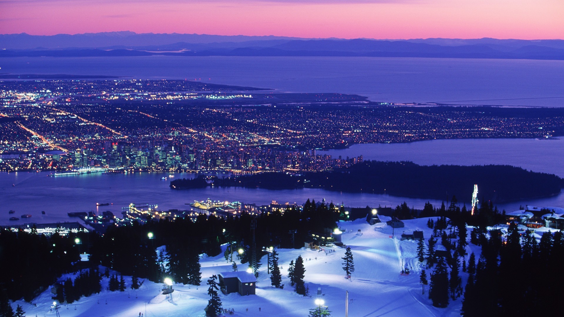 Vancouver city lights and ski slopes at dusk HD Wallpaper