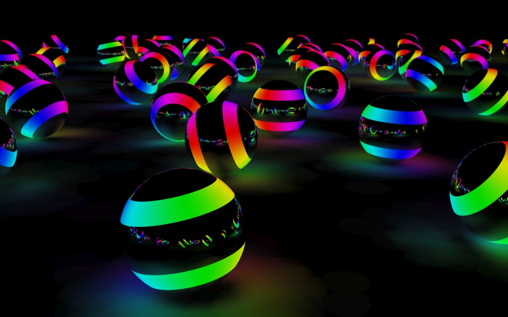 Digital art of colorful striped balls on a dark surface HD Wallpaper