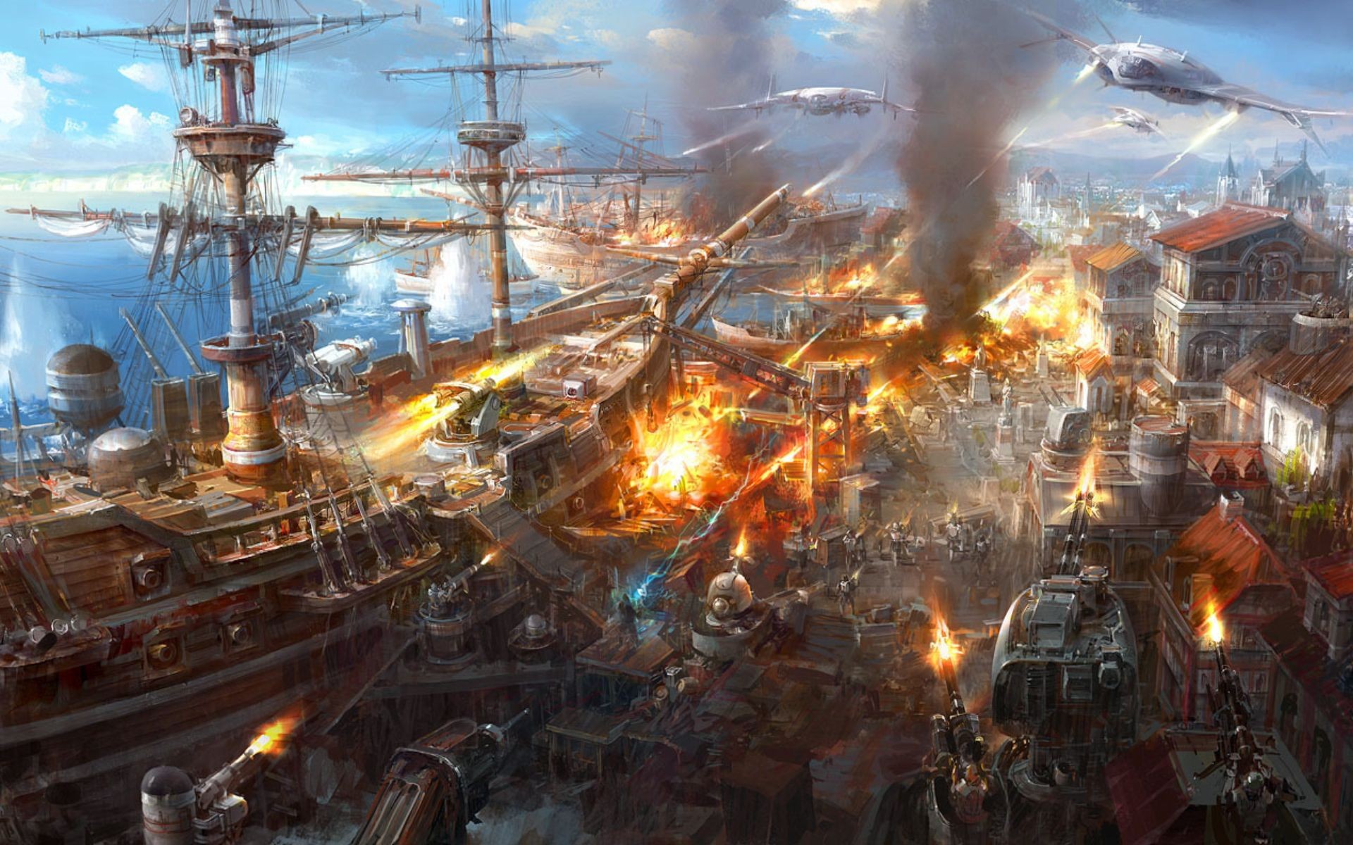 Steampunk battleships and aircraft engage in aerial and naval combat over a burning city. HD Wallpaper