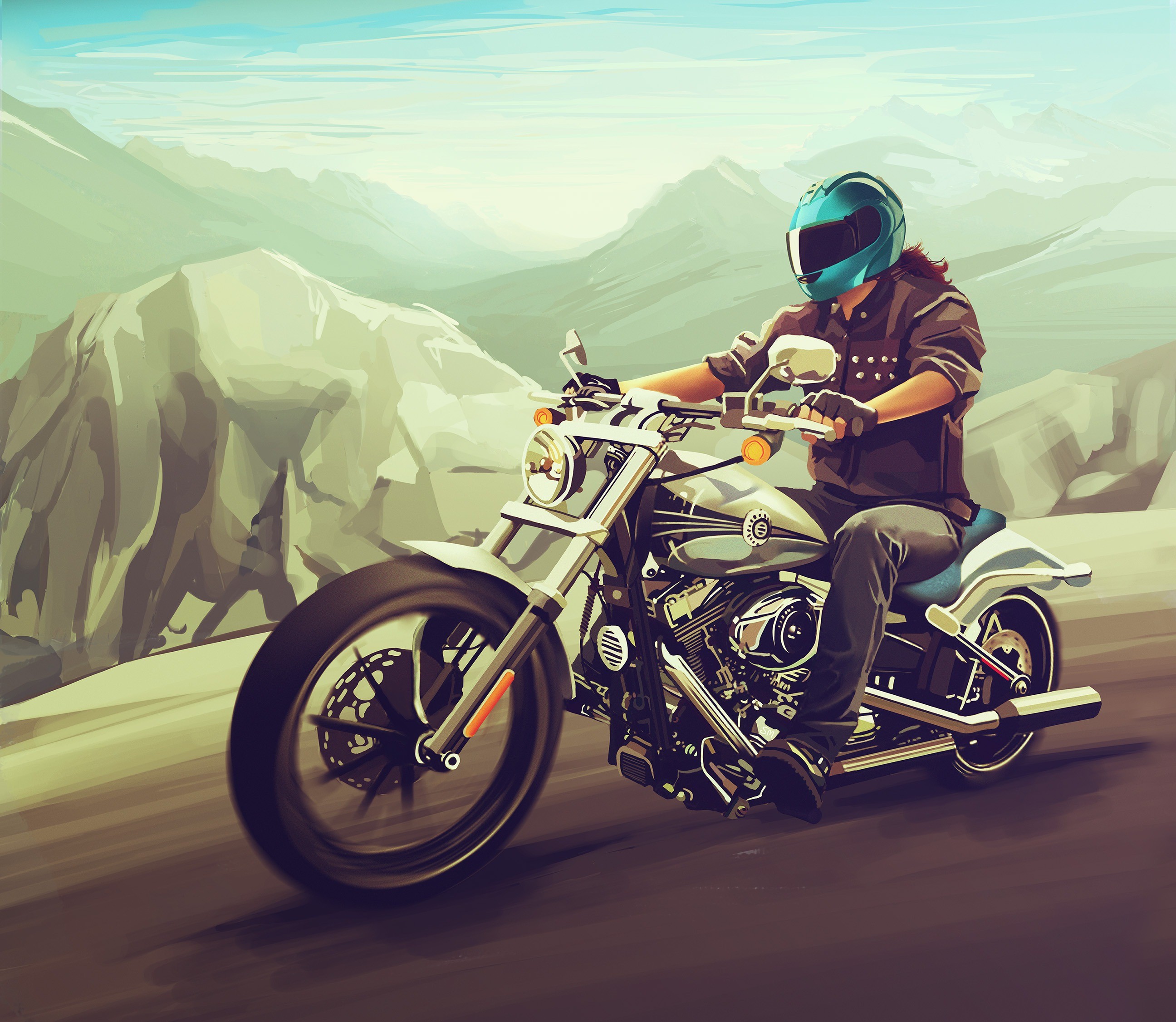 Man riding a Harley Davidson motorcycle through mountains HD Wallpaper
