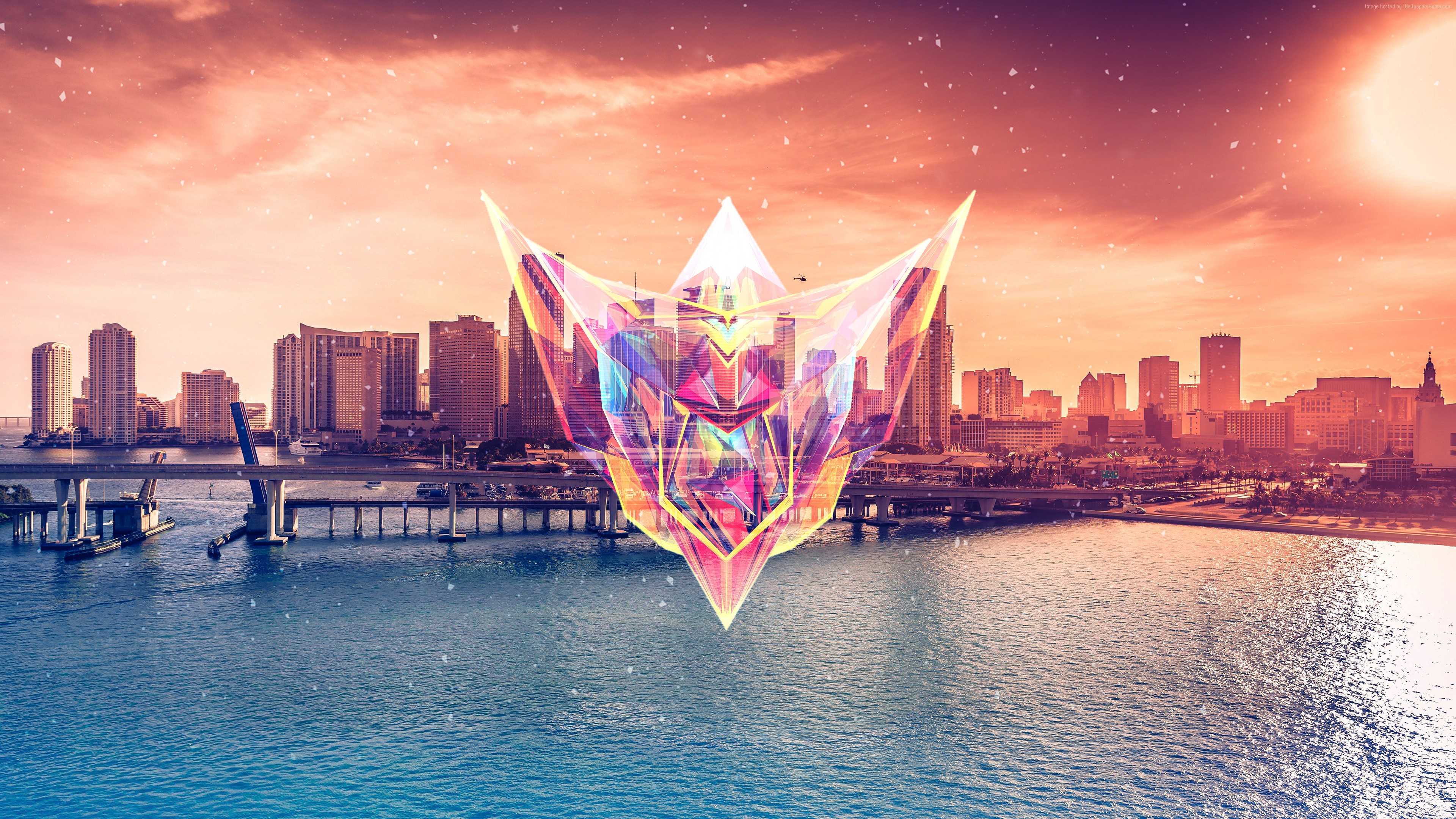 Crystal geometric shape over Miami skyline HD Wallpaper
