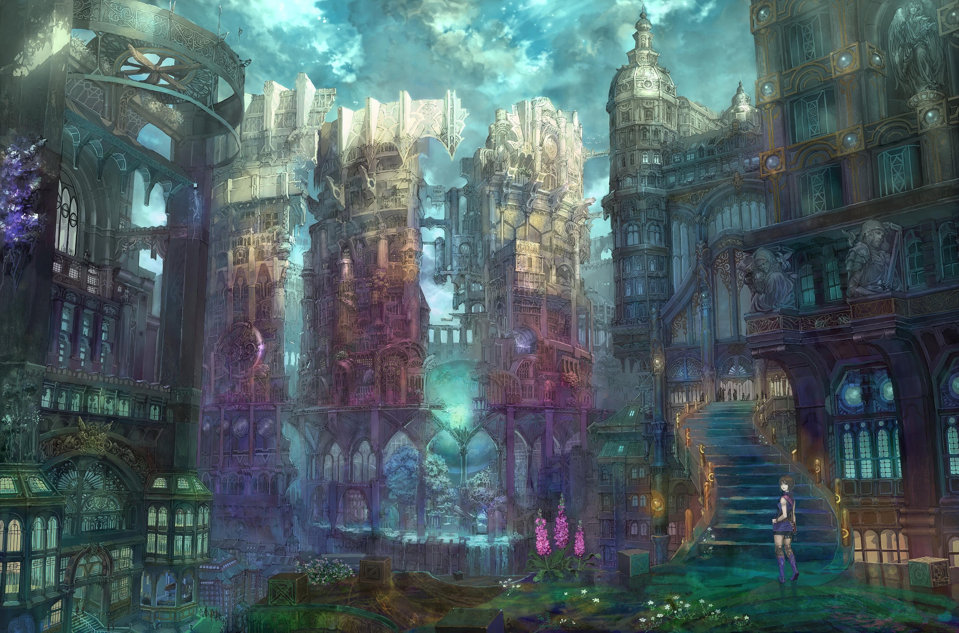 Fantasy city with ornate architecture and a lone figure HD Wallpaper