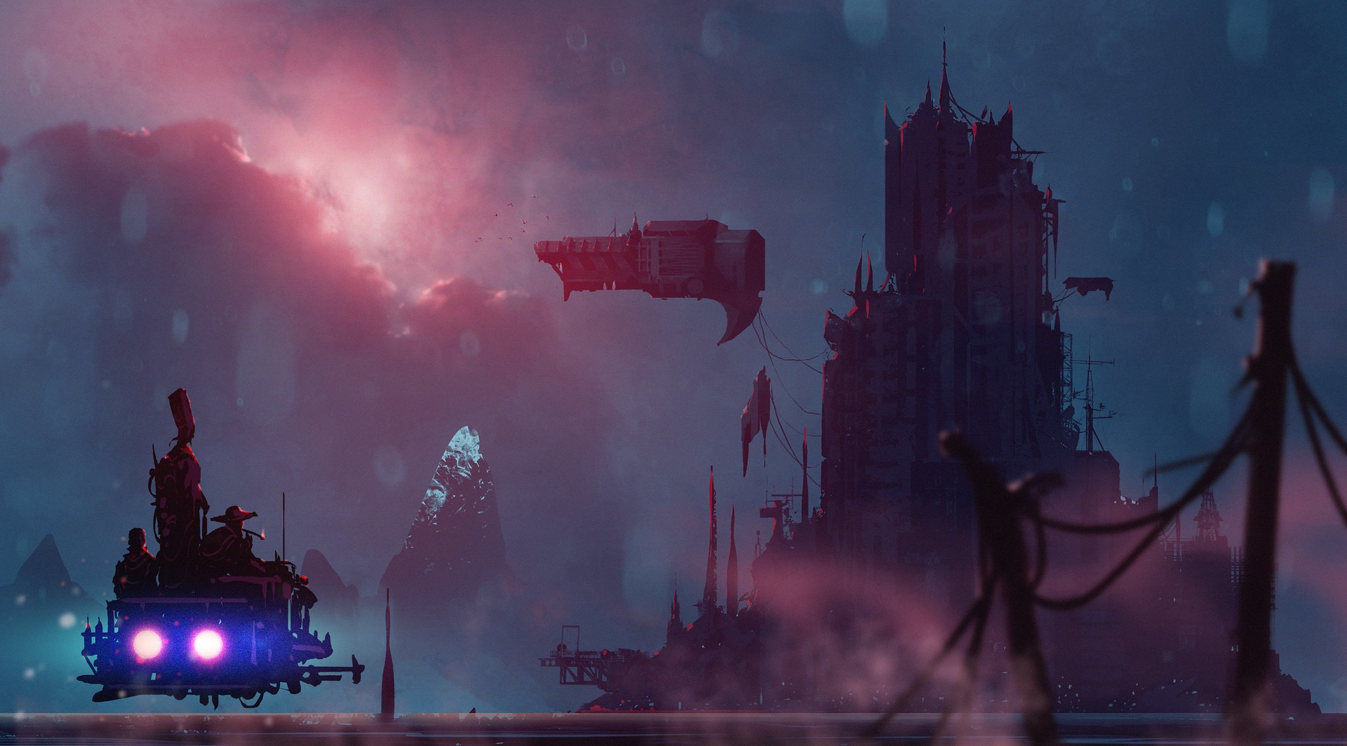 Sci-fi landscape with flying vehicles and a gothic castle HD Wallpaper