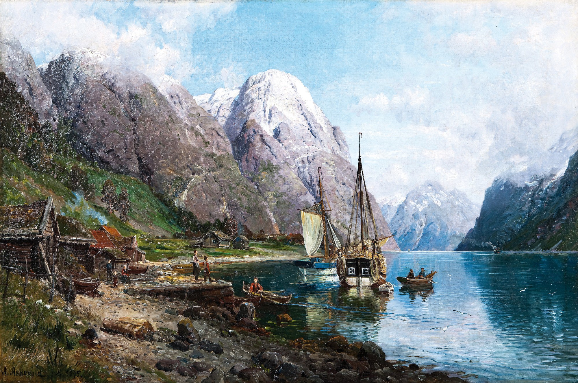Fjord landscape with village and sailing ships by Anders Askevold HD Wallpaper