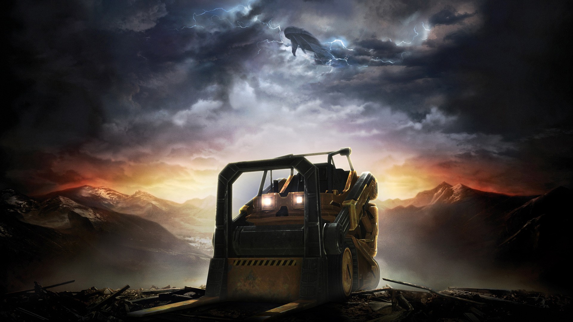 Forklift in a stormy landscape with a creature in the sky HD Wallpaper