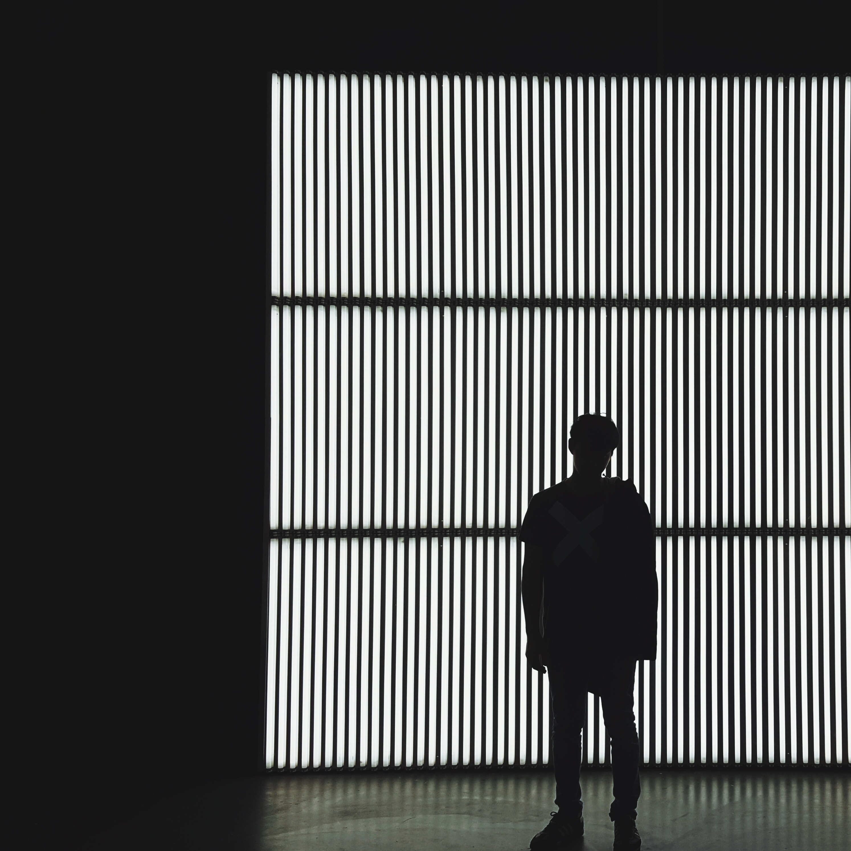 Silhouette of a person against a wall of lights HD Wallpaper