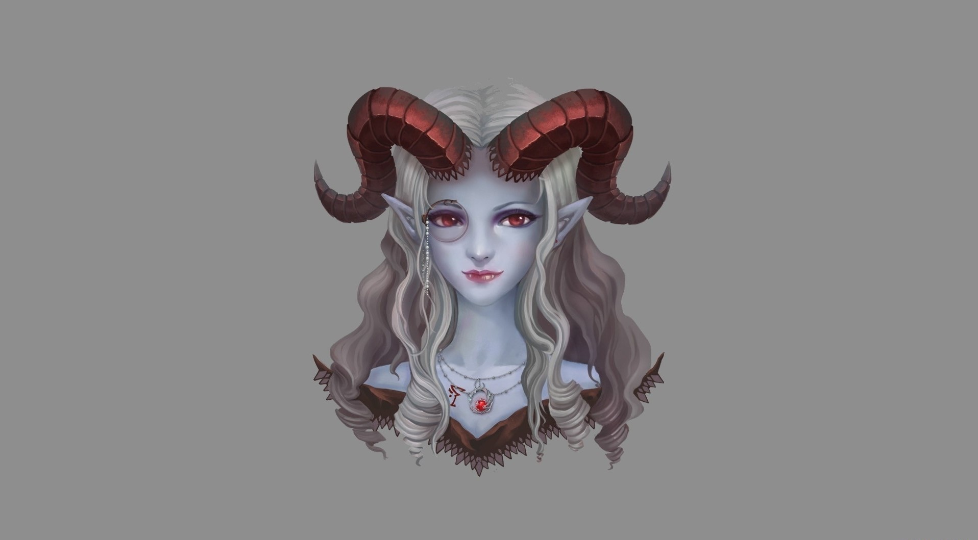 Fantasy art of a tiefling with horns and a monocle HD Wallpaper