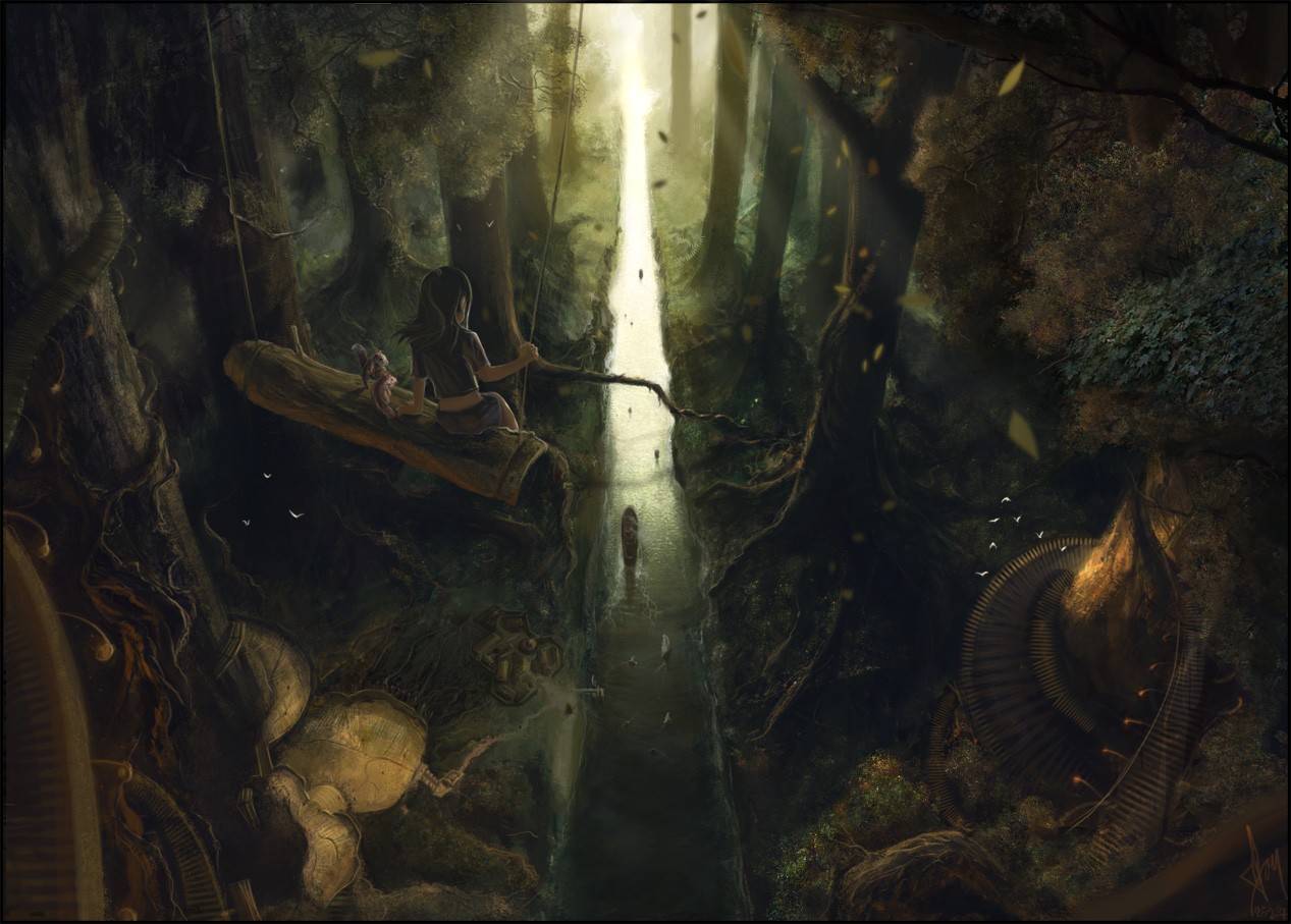 Fantasy art of a girl on a log swing in a forest HD Wallpaper