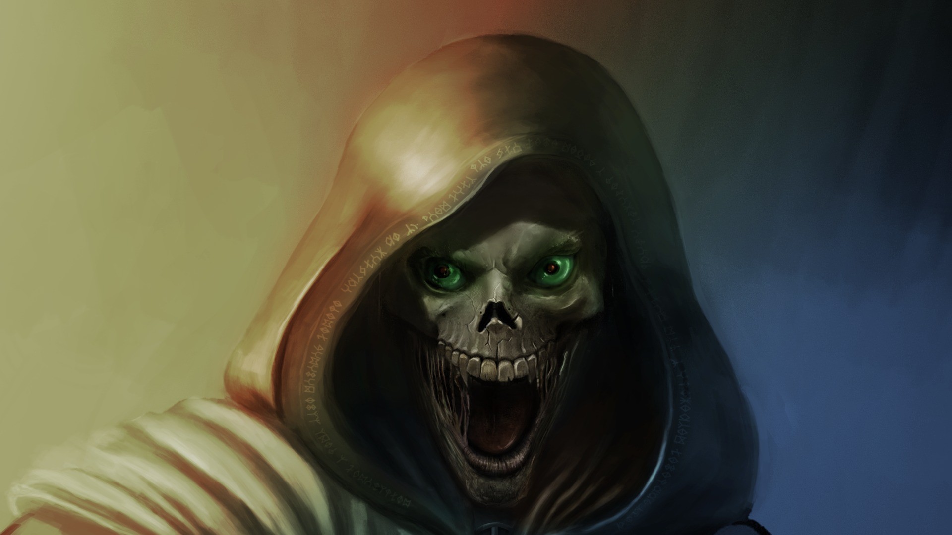 Grim Reaper with glowing green eyes and open mouth HD Wallpaper