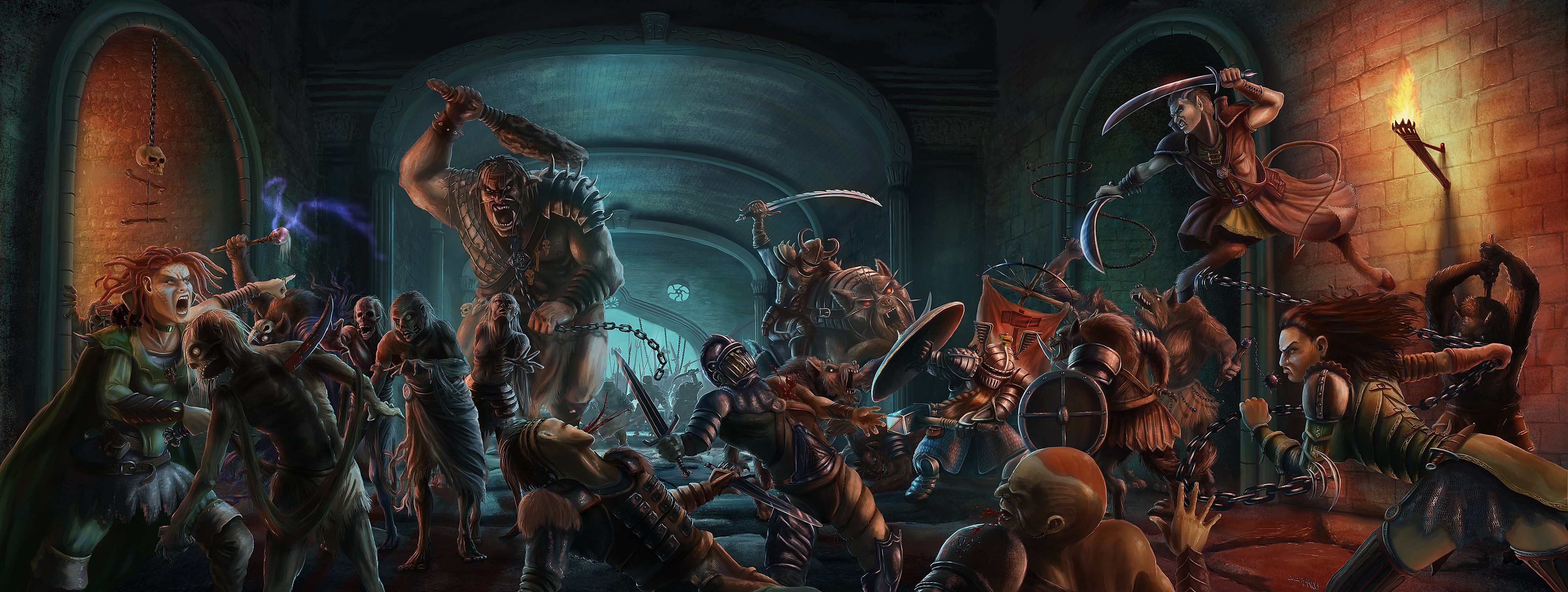 Fantasy battle between warriors and undead creatures HD Wallpaper