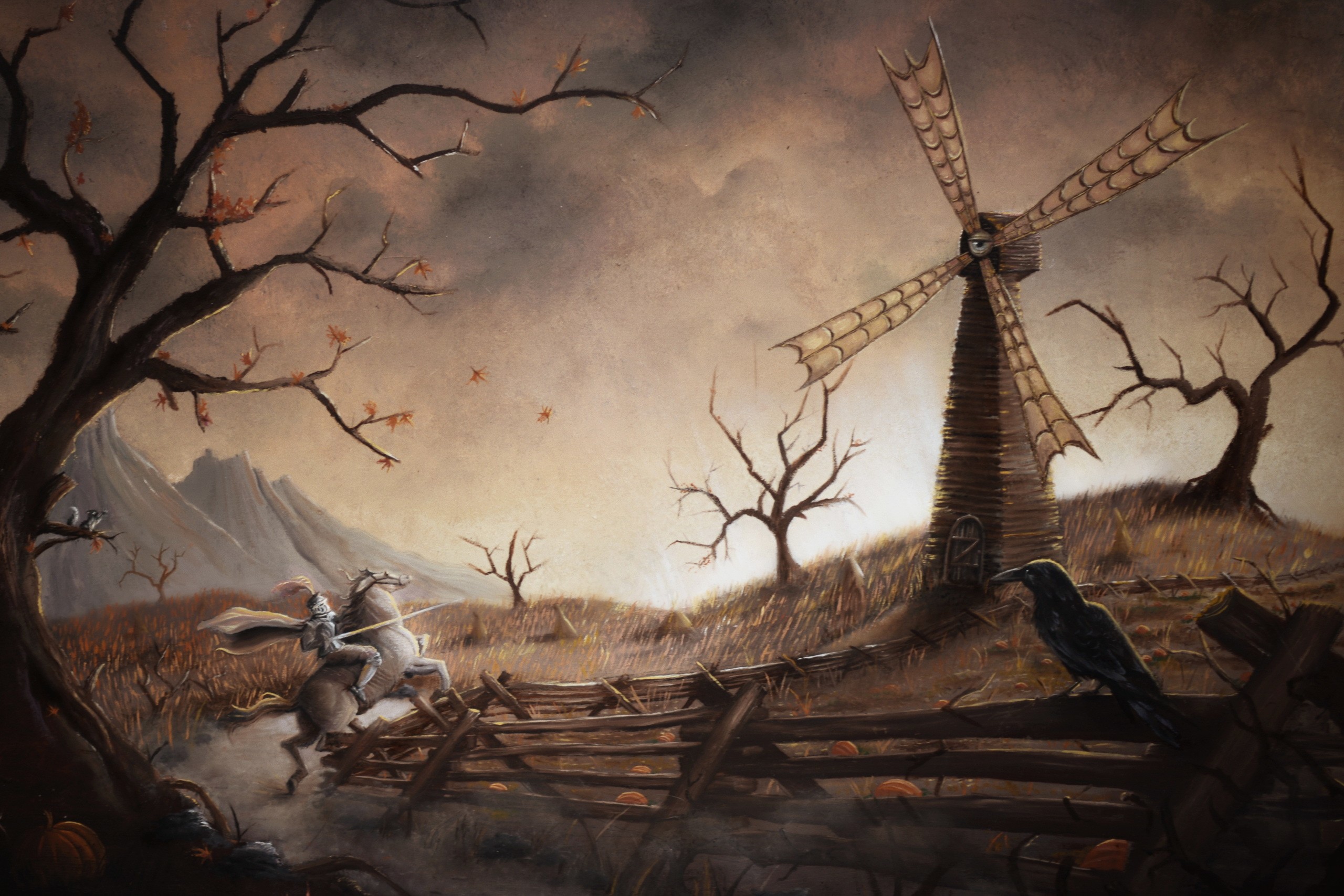 Knight on horseback near a windmill HD Wallpaper