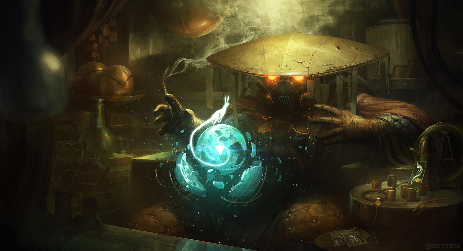 Steampunk alchemist with glowing orb and smoking pipe HD Wallpaper