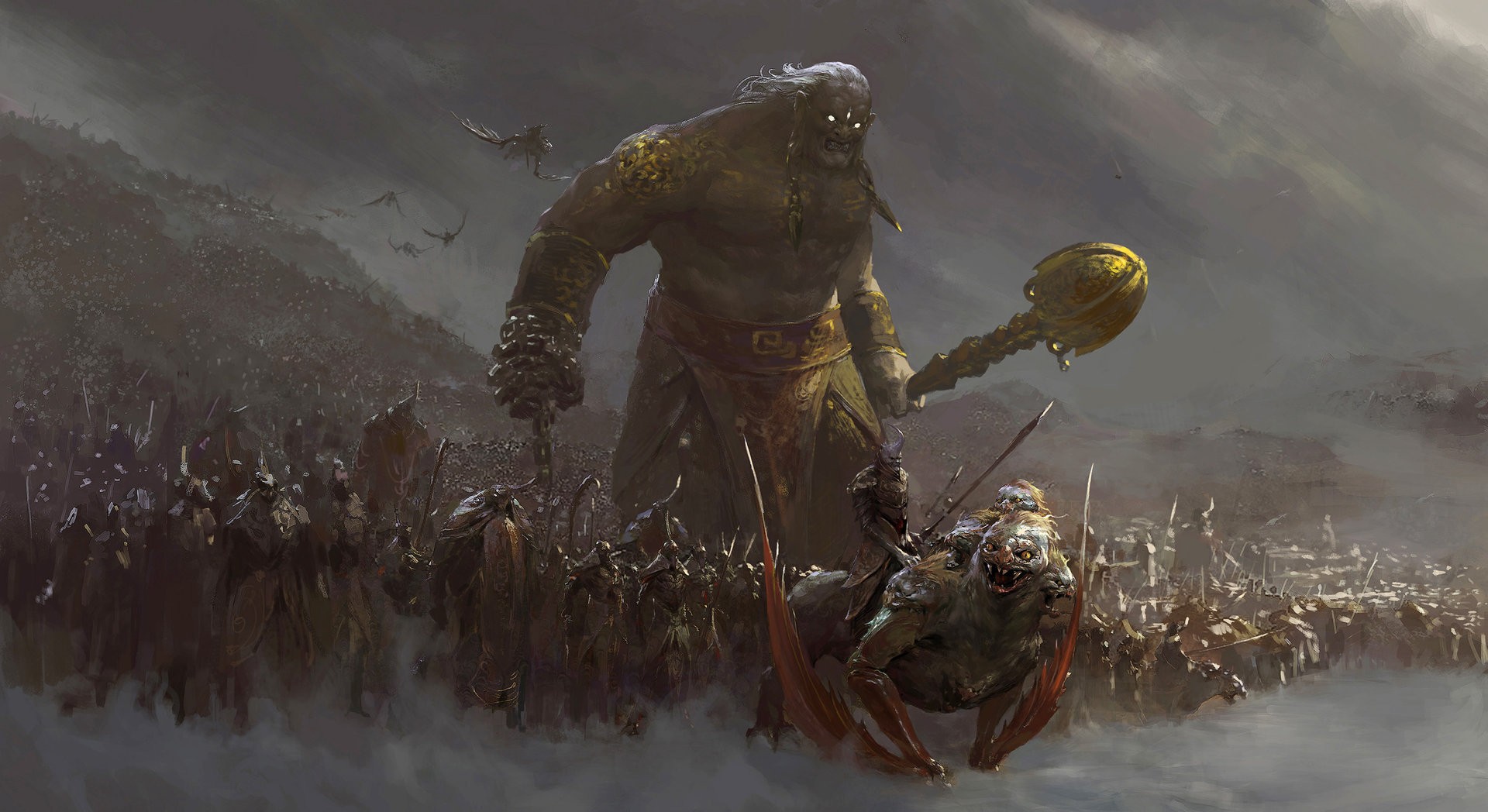 Fantasy art of a giant leading an army HD Wallpaper