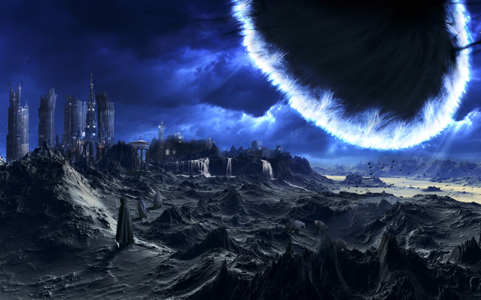 Fantasy landscape with futuristic city and black hole HD Wallpaper