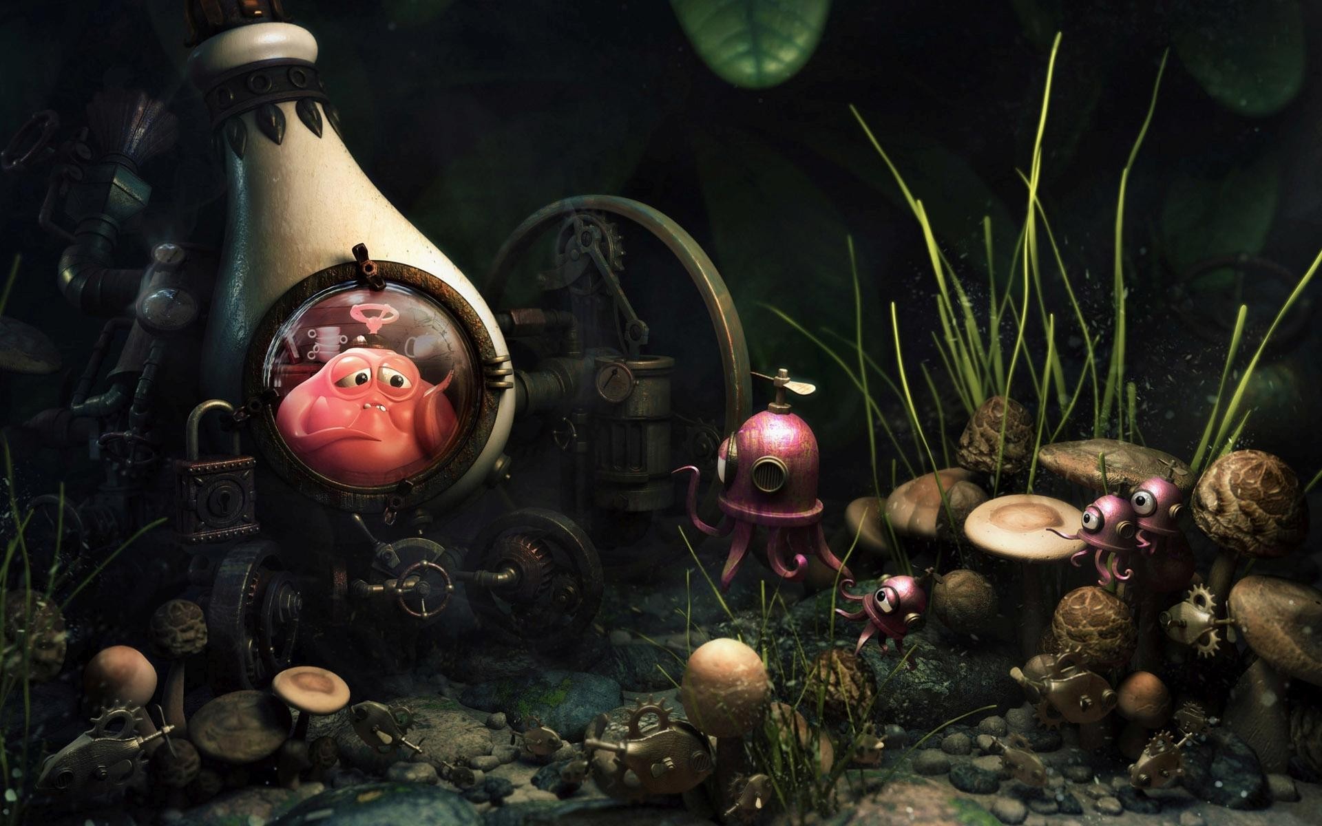 Steampunk underwater robot with pink creature HD Wallpaper