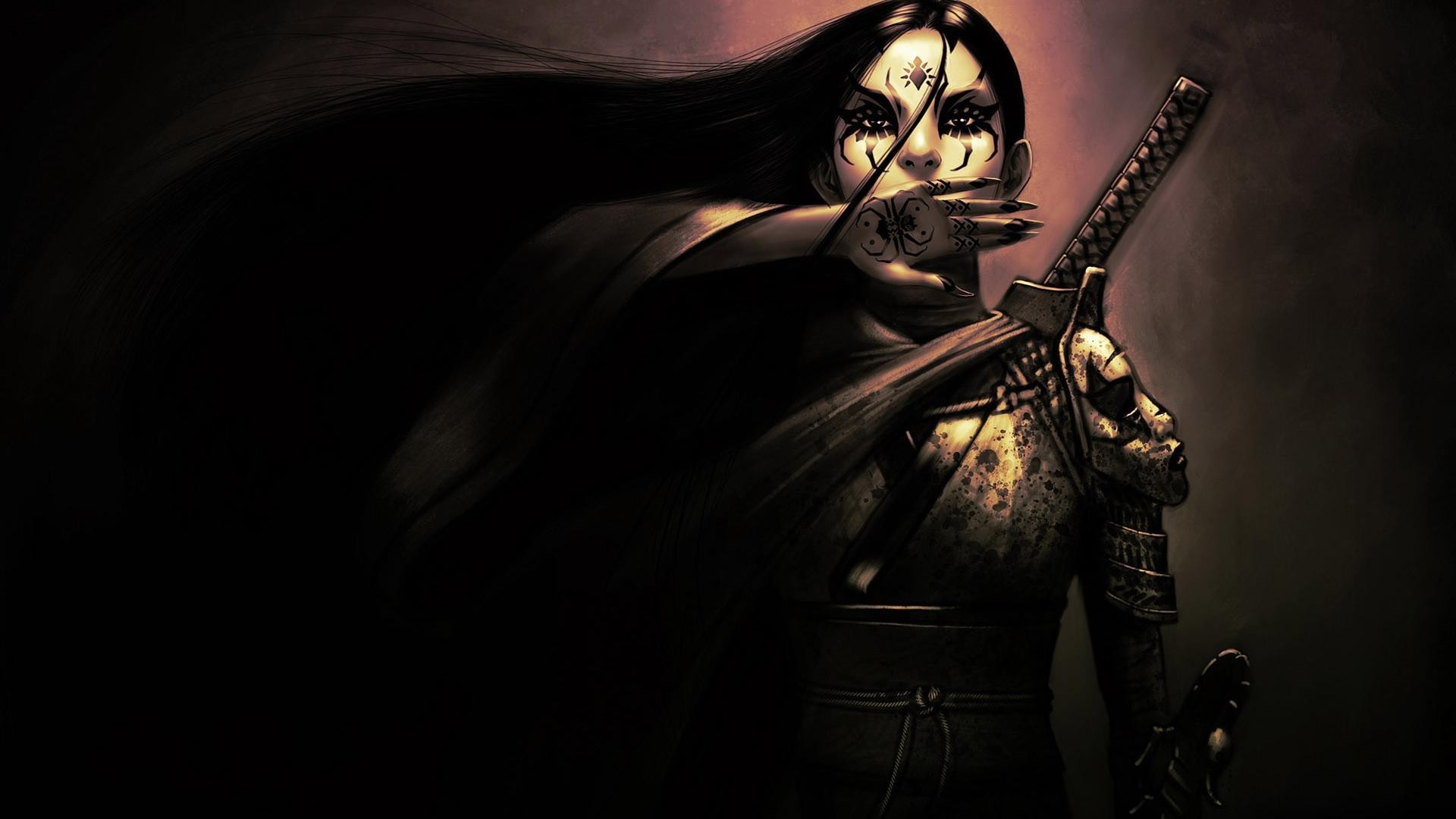 Samurai woman with sword and spider markings HD Wallpaper