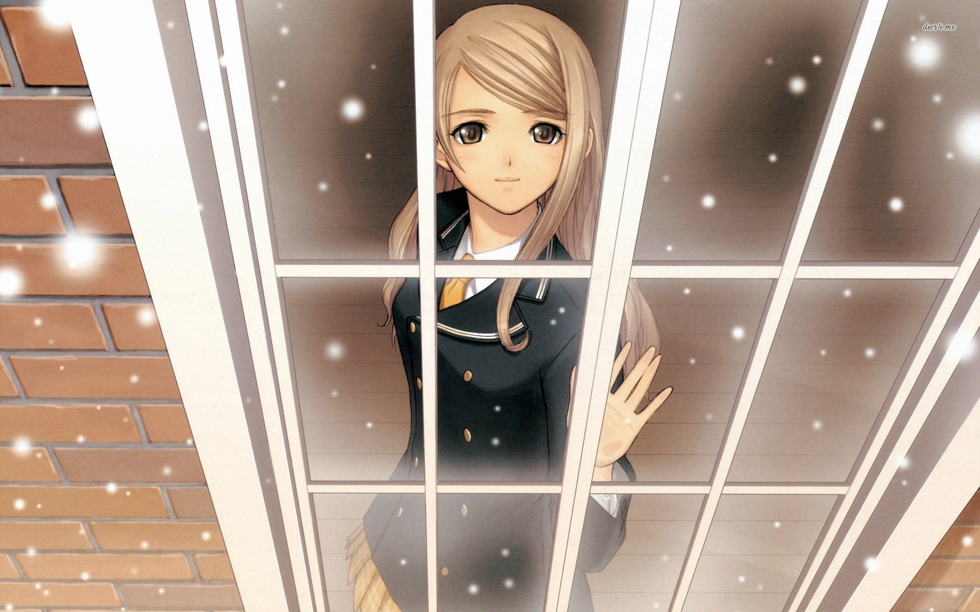 Anime girl with blonde hair looking through a window HD Wallpaper