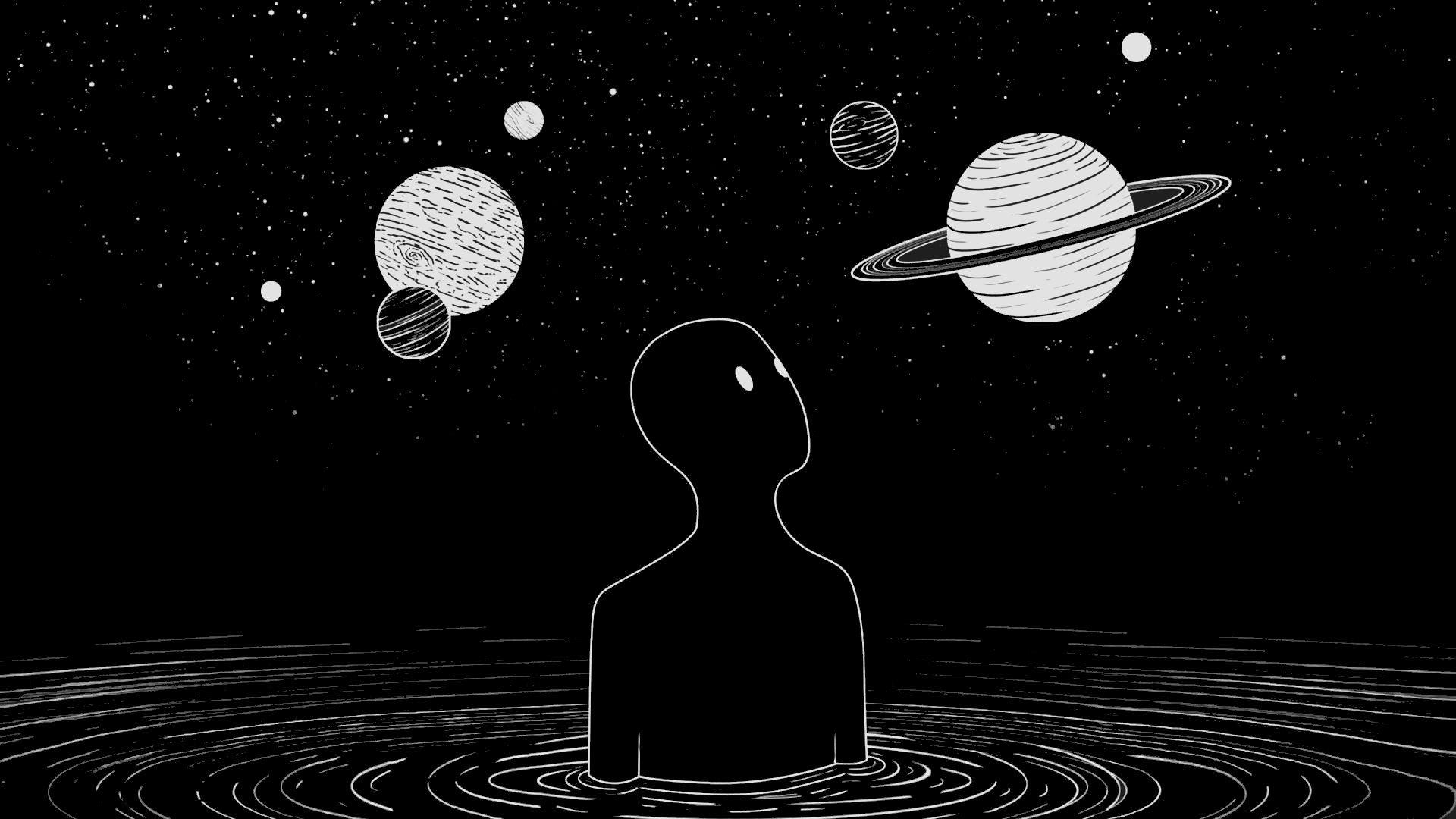 Silhouette looking at planets in space HD Wallpaper