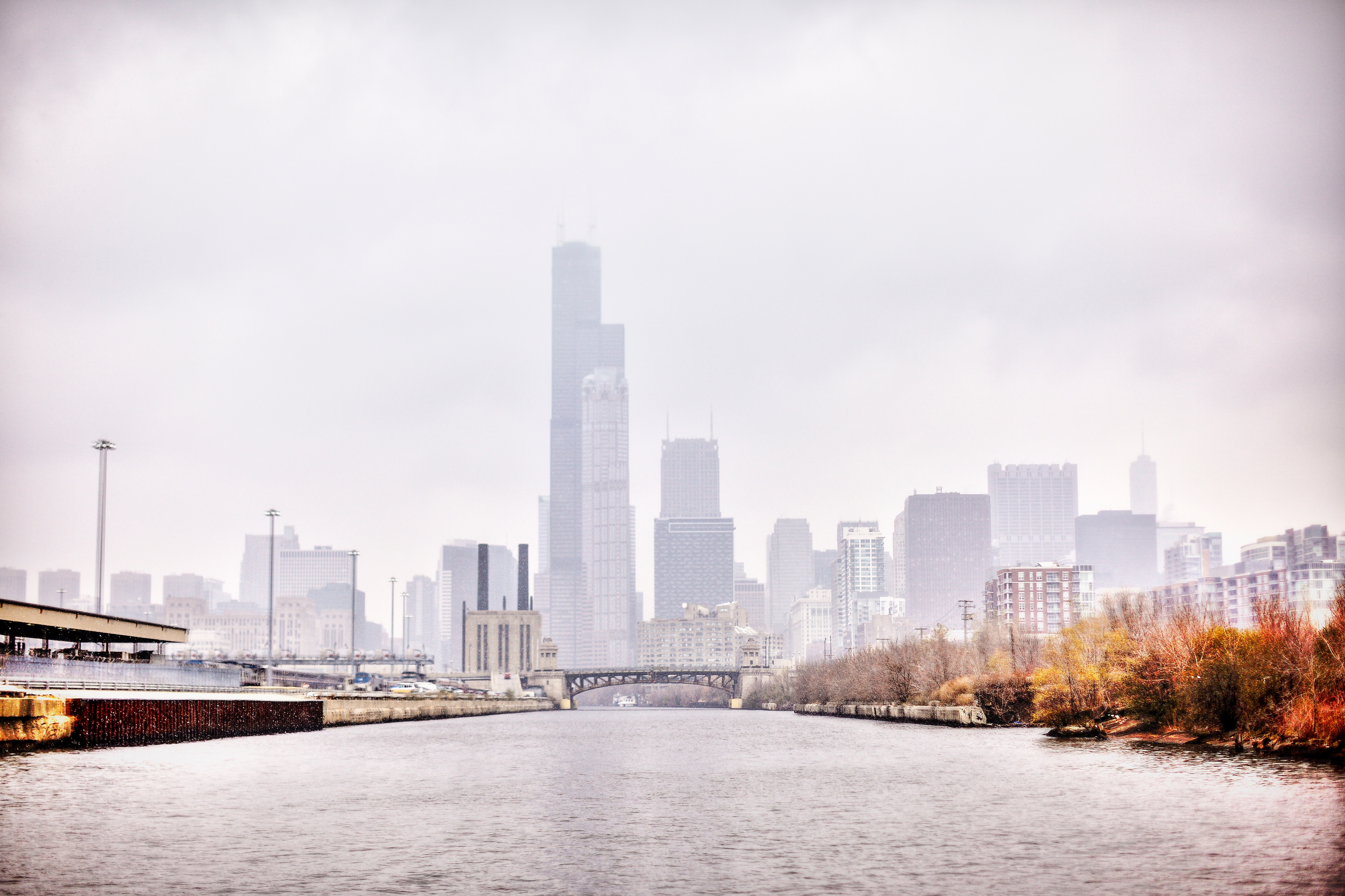 Chicago skyline on a foggy day over the river HD Wallpaper
