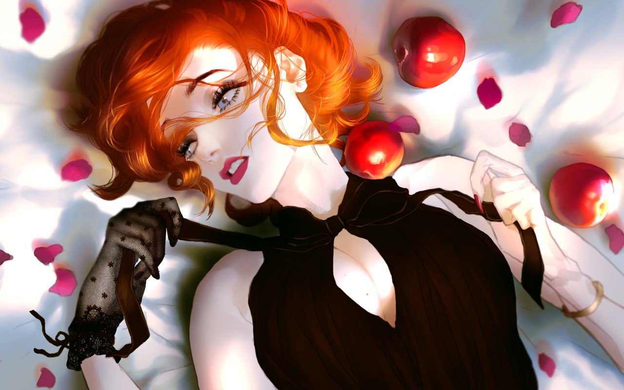 Anime redhead in black dress with apples and rose petals HD Wallpaper