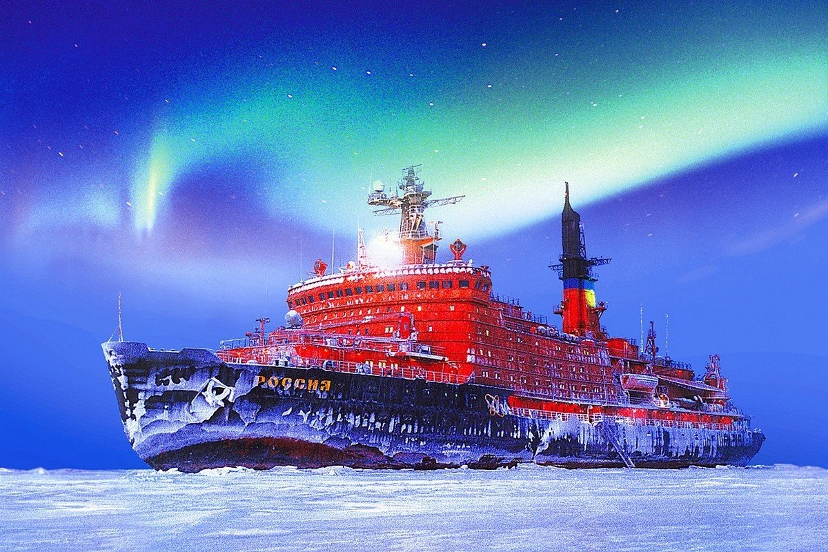 Nuclear-powered icebreaker ship under aurora borealis HD Wallpaper