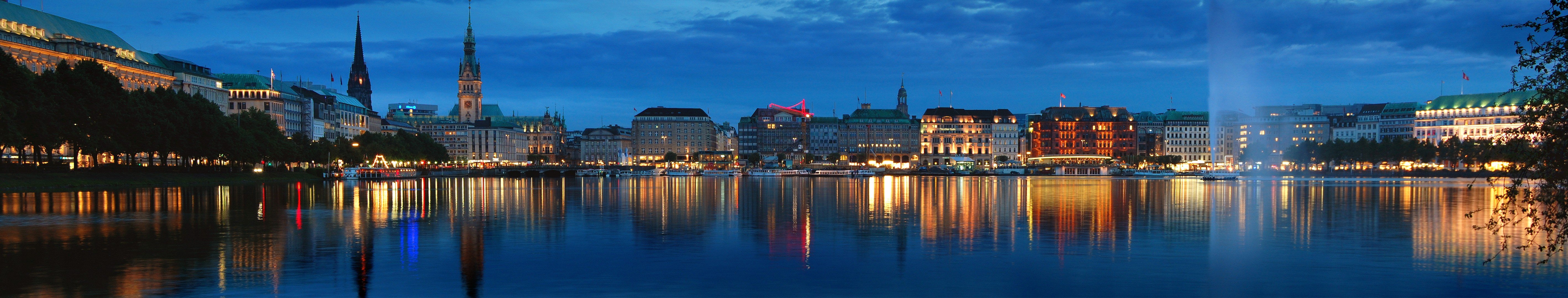 Hamburg Germany skyline at dusk with Alster lake HD Wallpaper