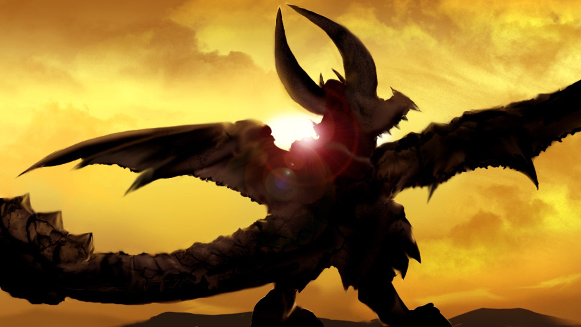 Monster Hunter Dragon Silhouette at Sunset HD Wallpaper