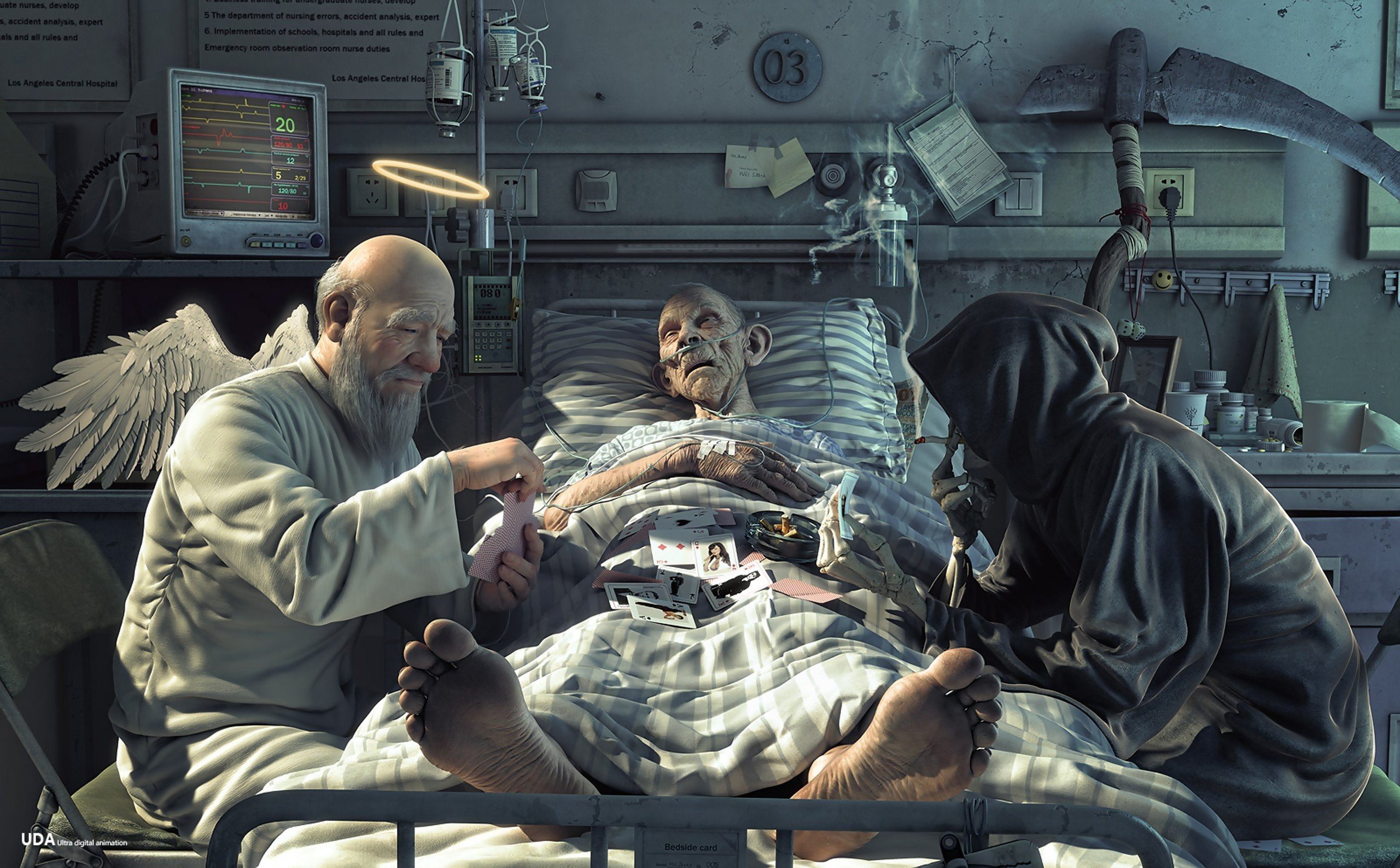 Angel and Grim Reaper visit dying patient in hospital HD Wallpaper
