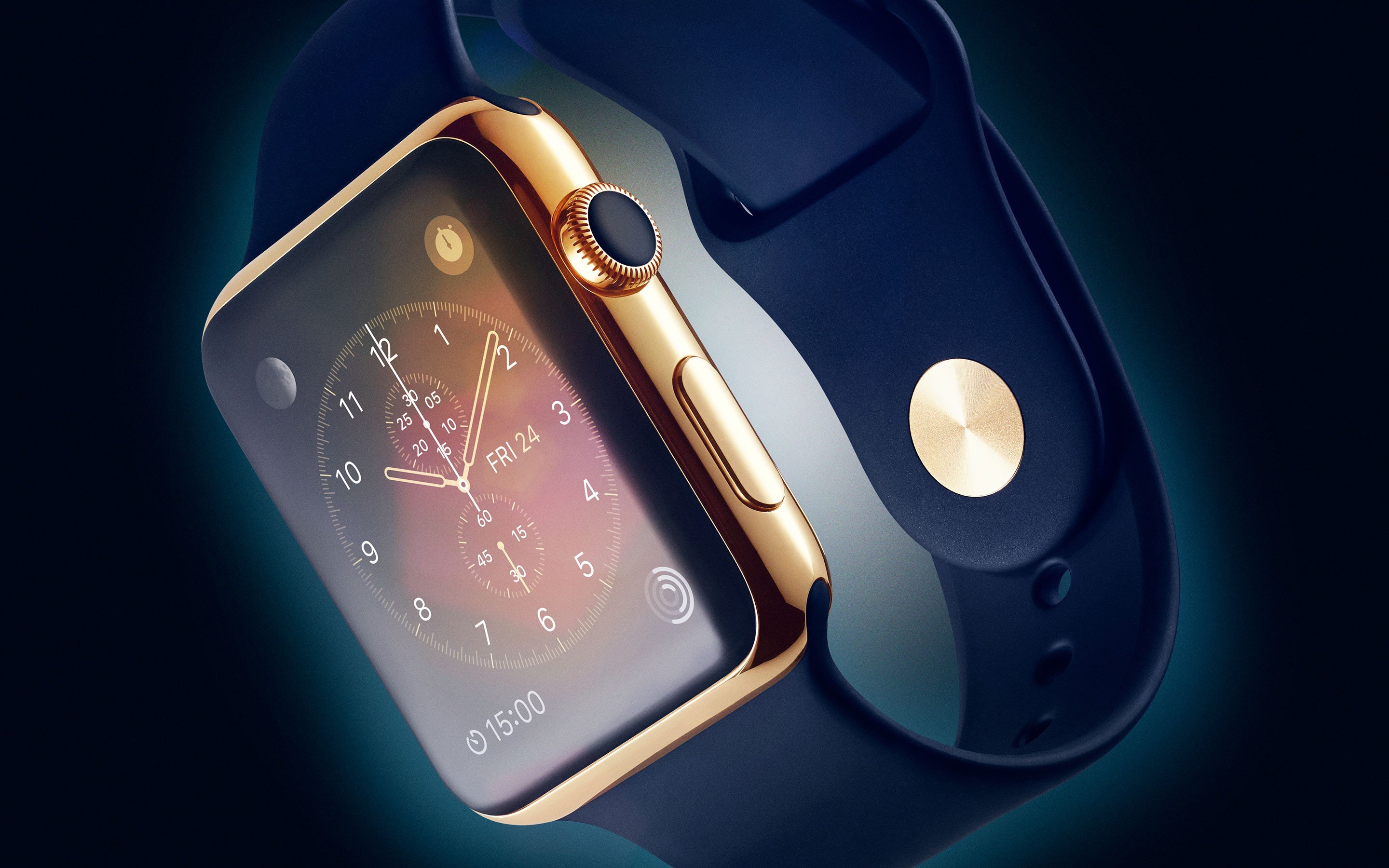 Gold Apple Watch with Blue Band HD Wallpaper
